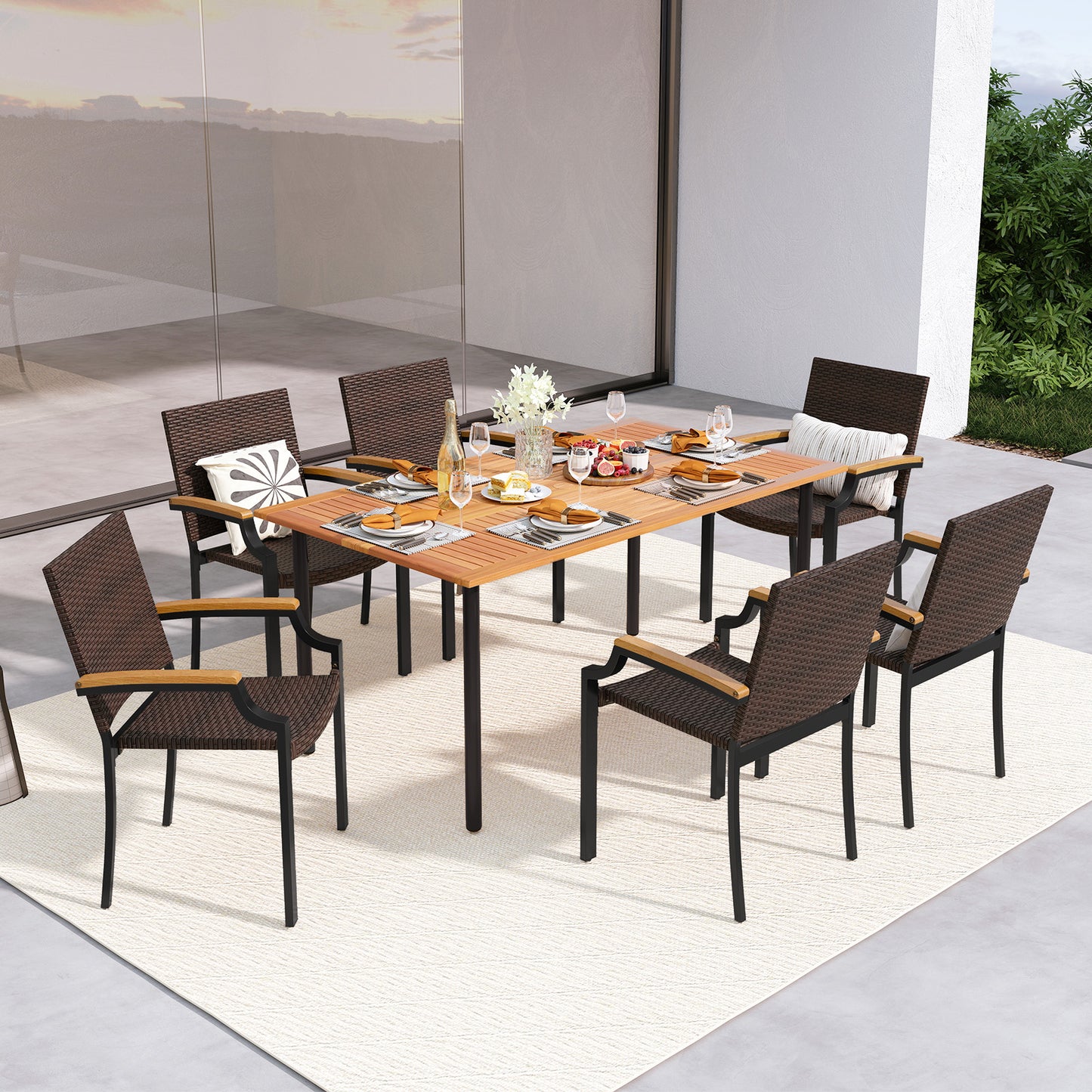 Stacking Patio Dining Chairs Set of 2 with Acacia Armrests
