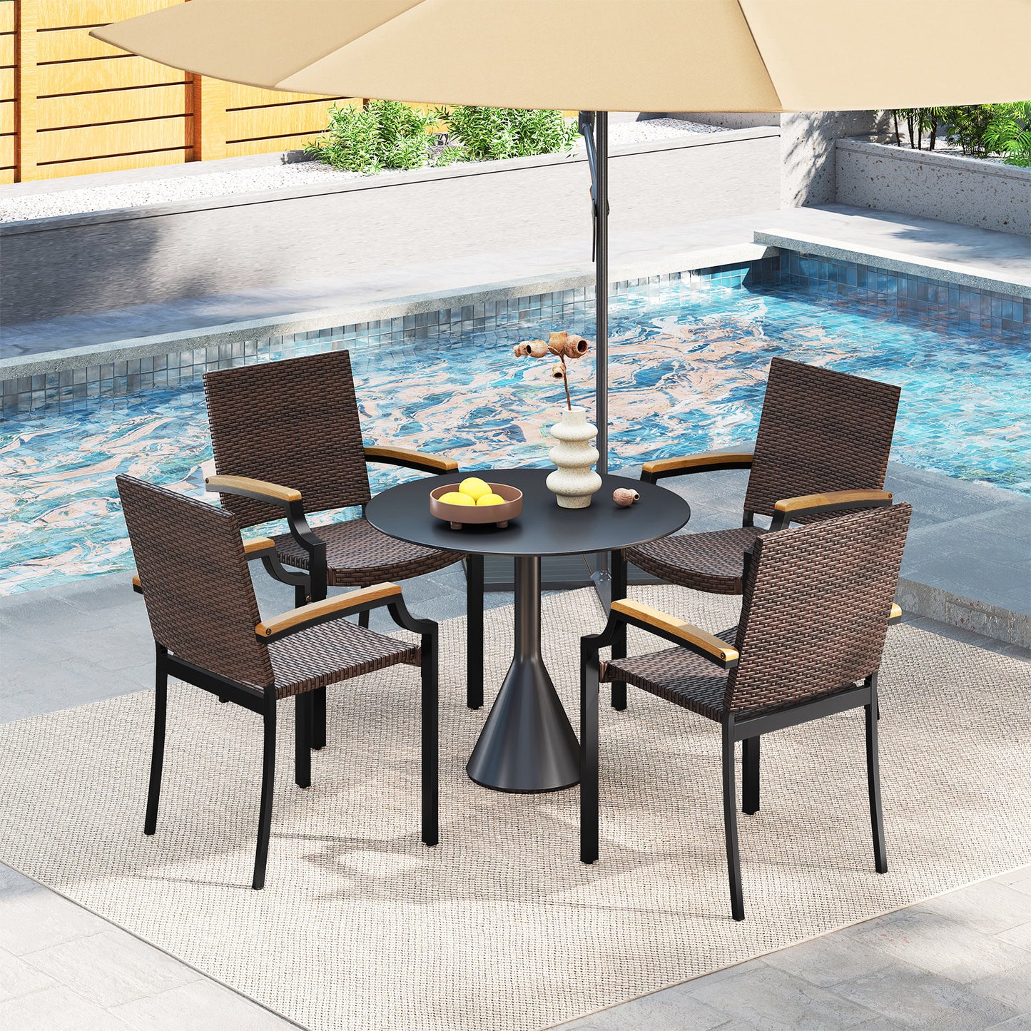 Stacking Patio Dining Chairs Set of 2 with Acacia Armrests