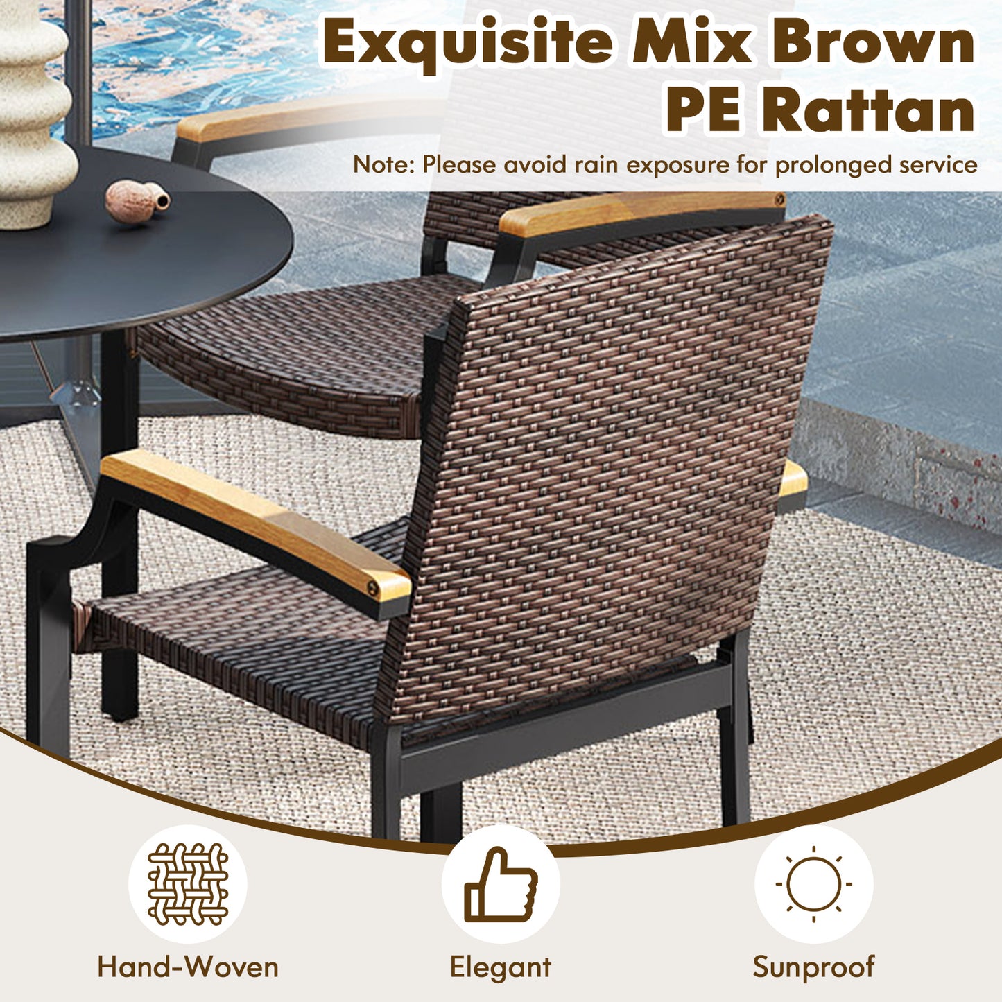 Stacking Patio Dining Chairs Set of 2 with Acacia Armrests