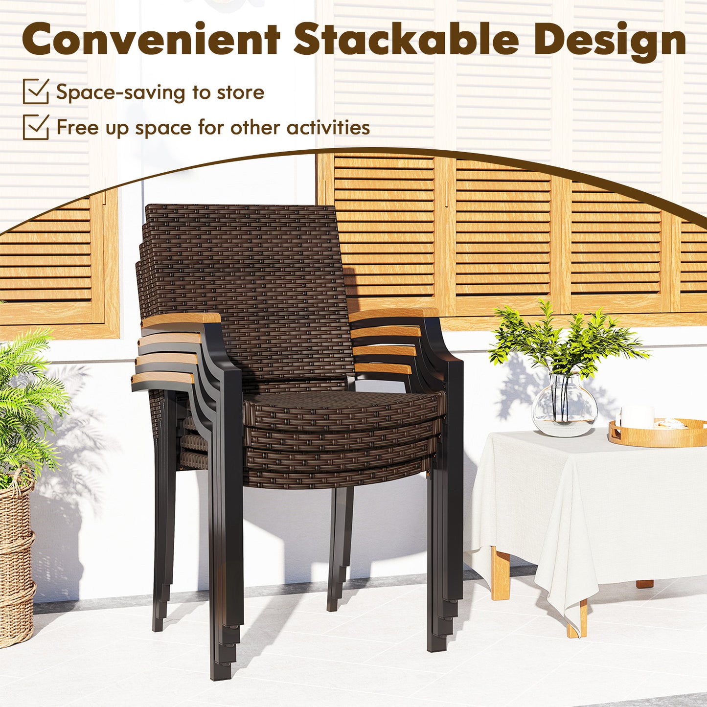 Stacking Patio Dining Chairs Set of 2 with Acacia Armrests