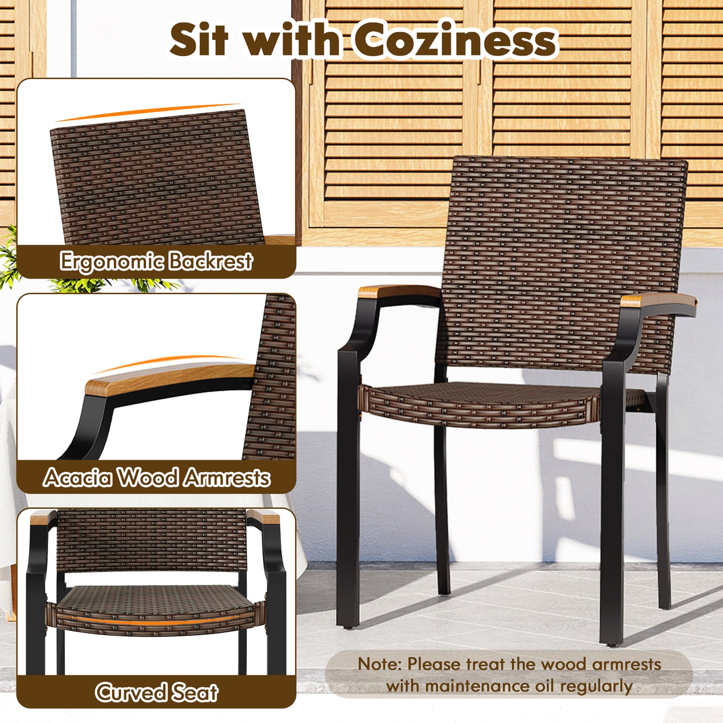 Stacking Patio Dining Chairs Set of 2 with Acacia Armrests