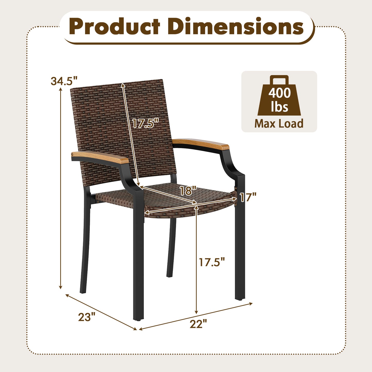 Stacking Patio Dining Chairs Set of 2 with Acacia Armrests