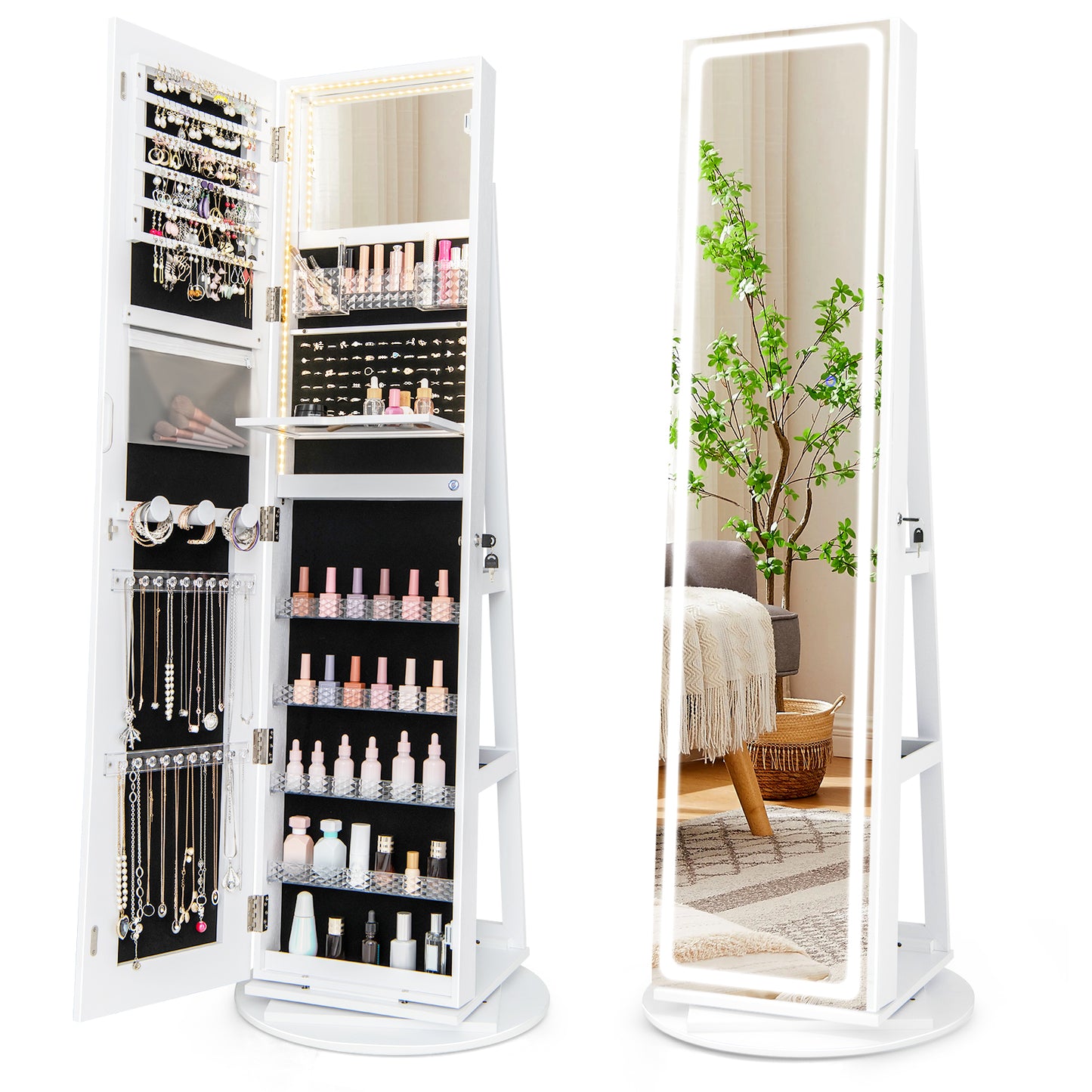 Jewelry Armoire Cabinet with LED Mirror and Rotating Base