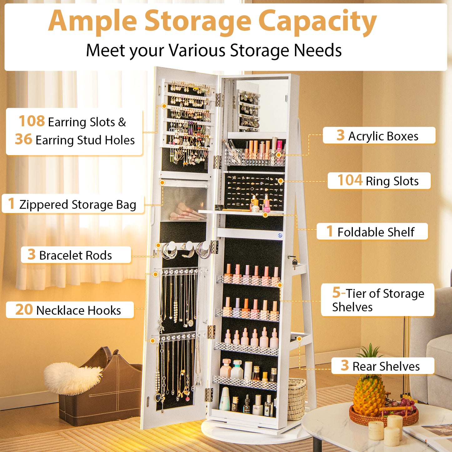Jewelry Armoire Cabinet with LED Mirror and Rotating Base