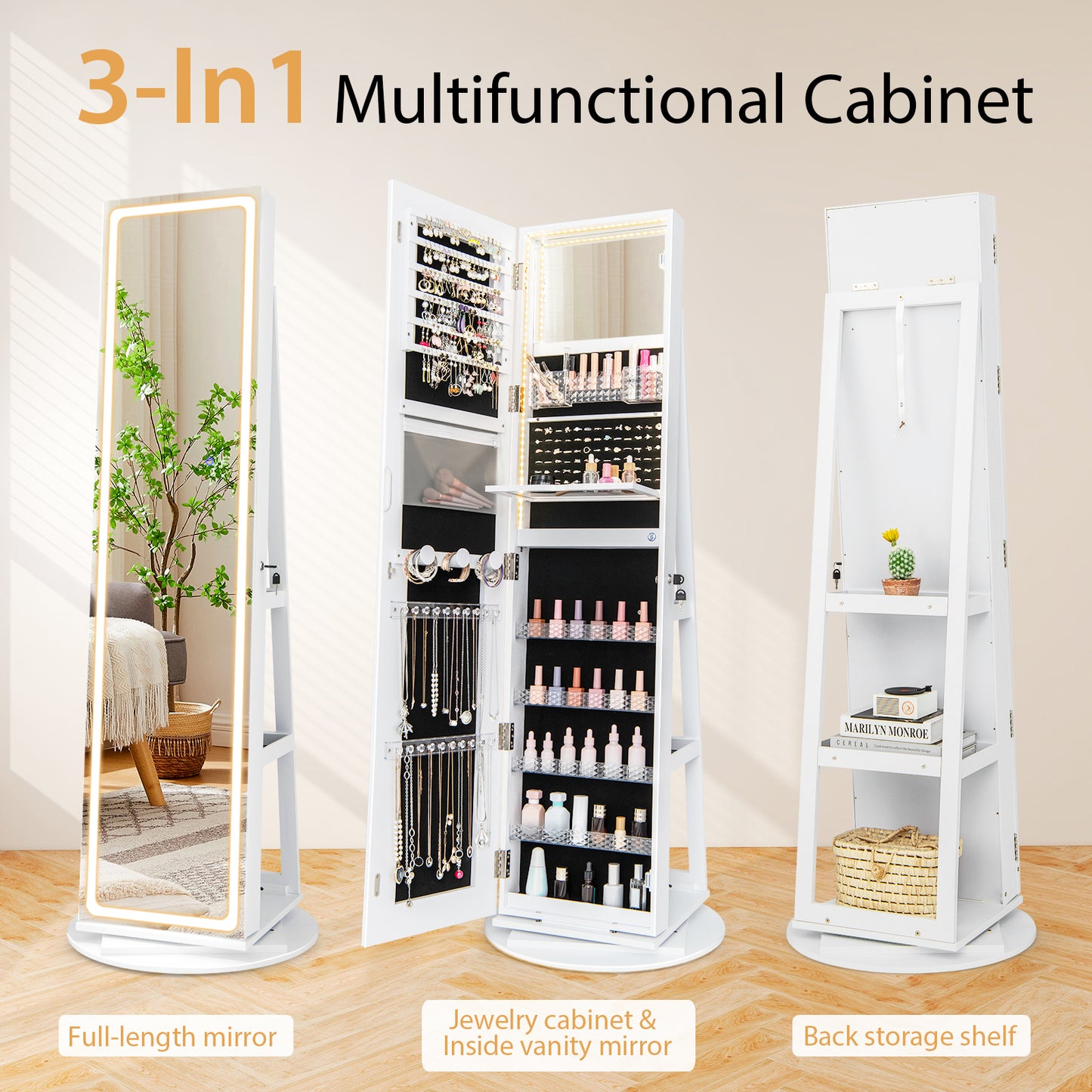 Jewelry Armoire Cabinet with LED Mirror and Rotating Base
