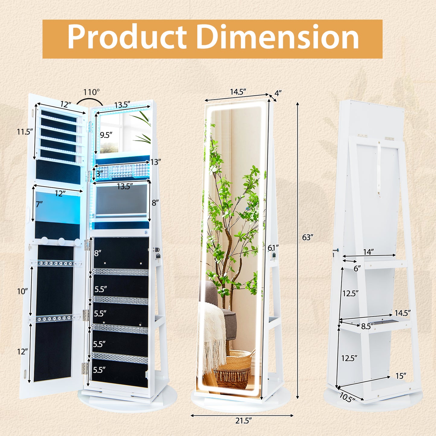 Jewelry Armoire Cabinet with LED Mirror and Rotating Base
