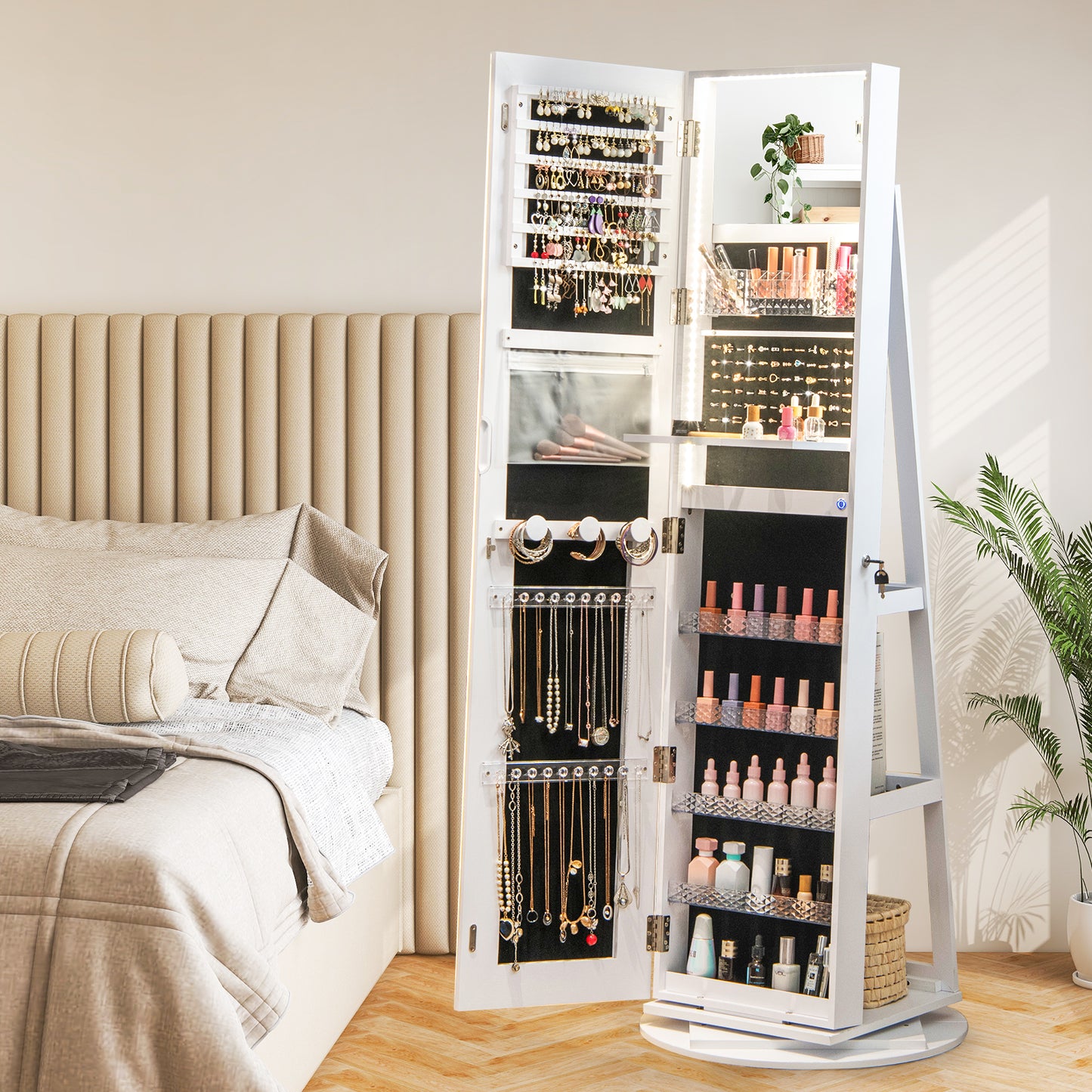 Jewelry Armoire Cabinet with LED Mirror and Rotating Base