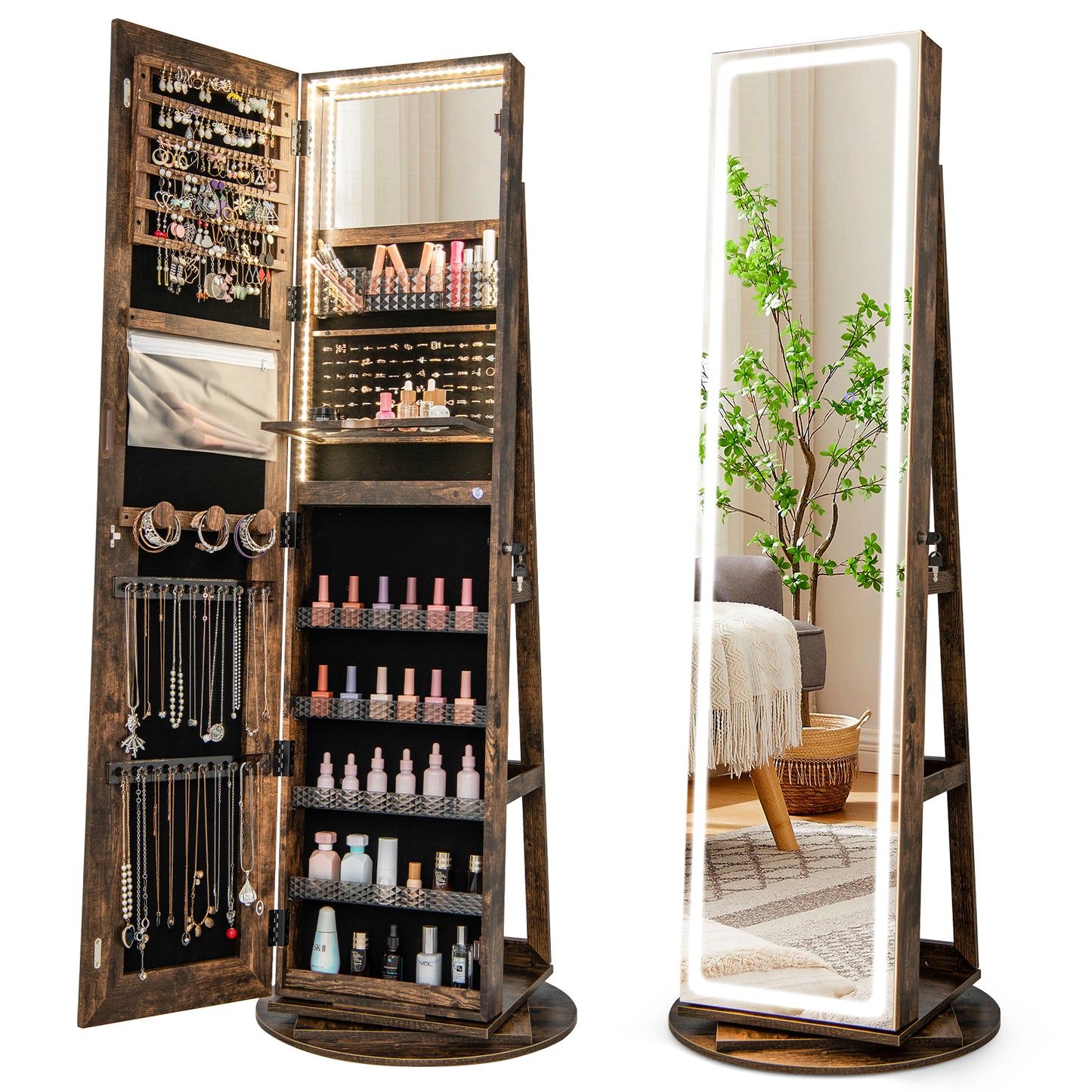 Jewelry Armoire Cabinet with LED Mirror and Rotating Base