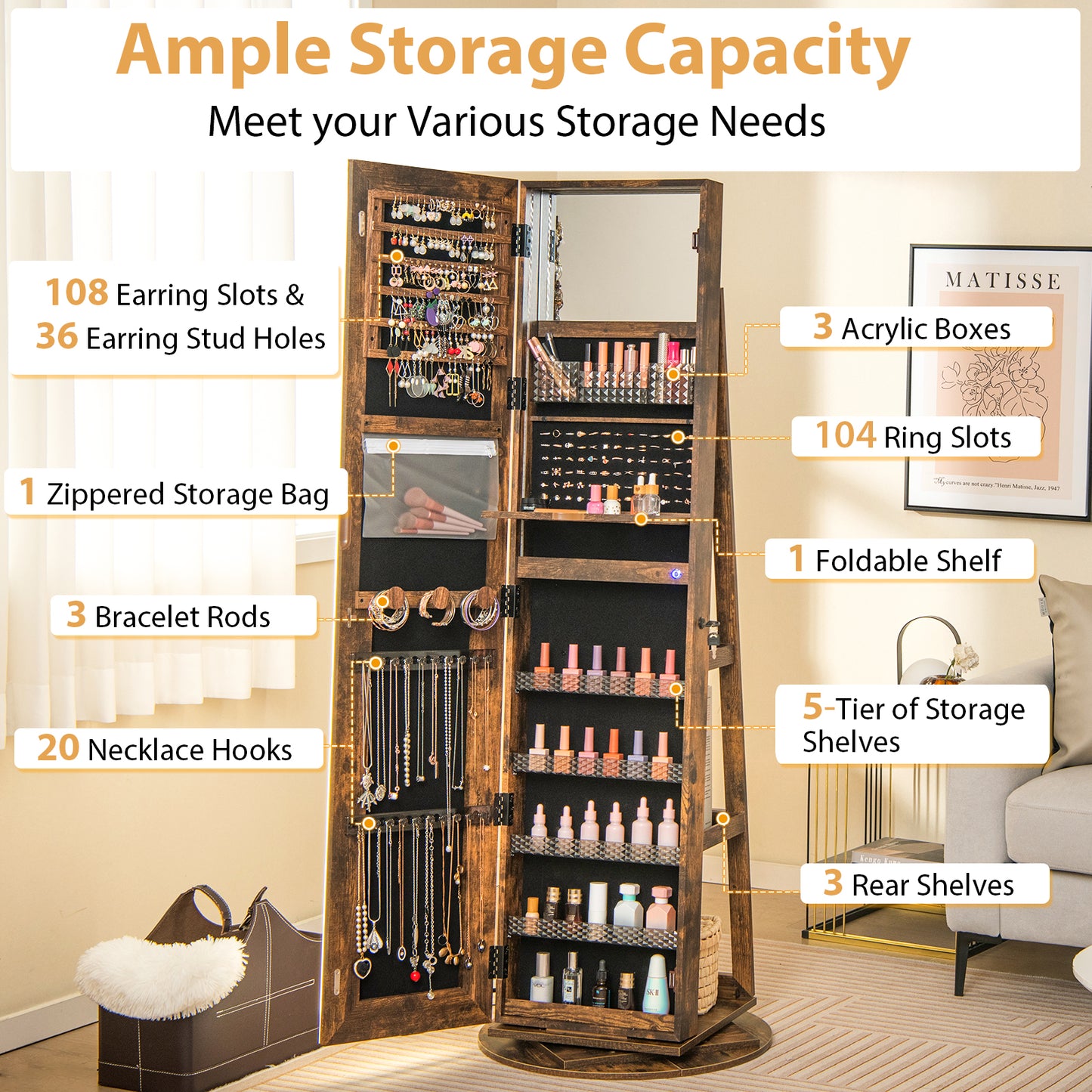 Jewelry Armoire Cabinet with LED Mirror and Rotating Base