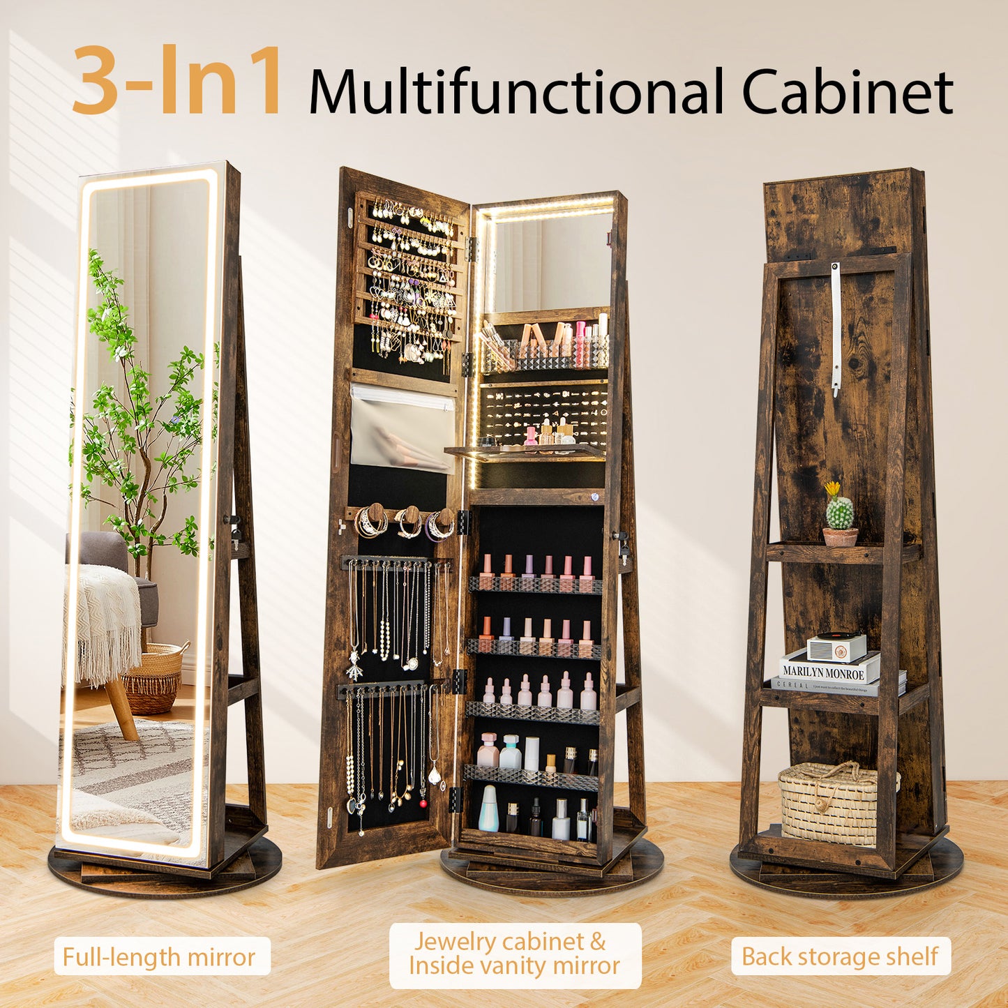 Jewelry Armoire Cabinet with LED Mirror and Rotating Base