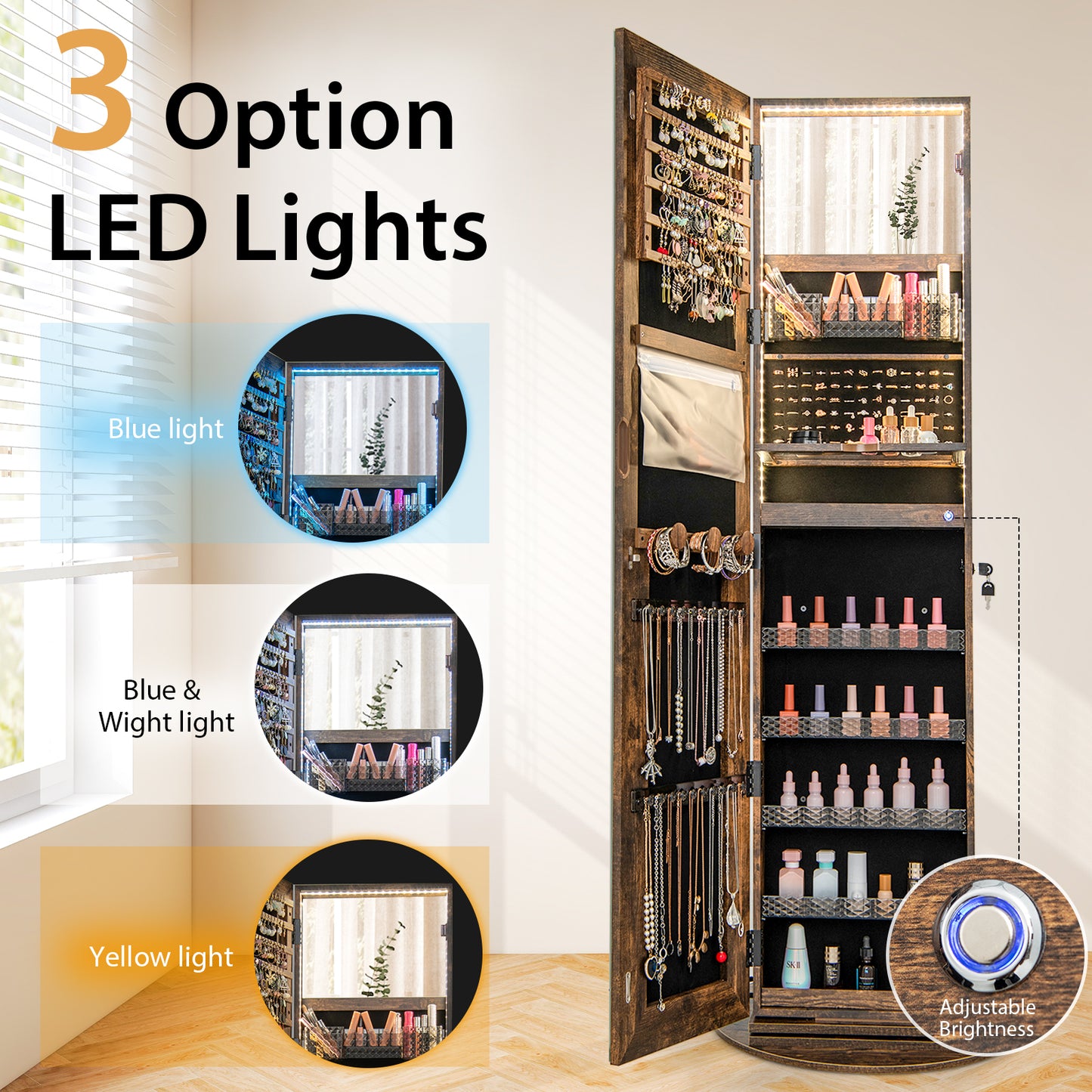 Jewelry Armoire Cabinet with LED Mirror and Rotating Base