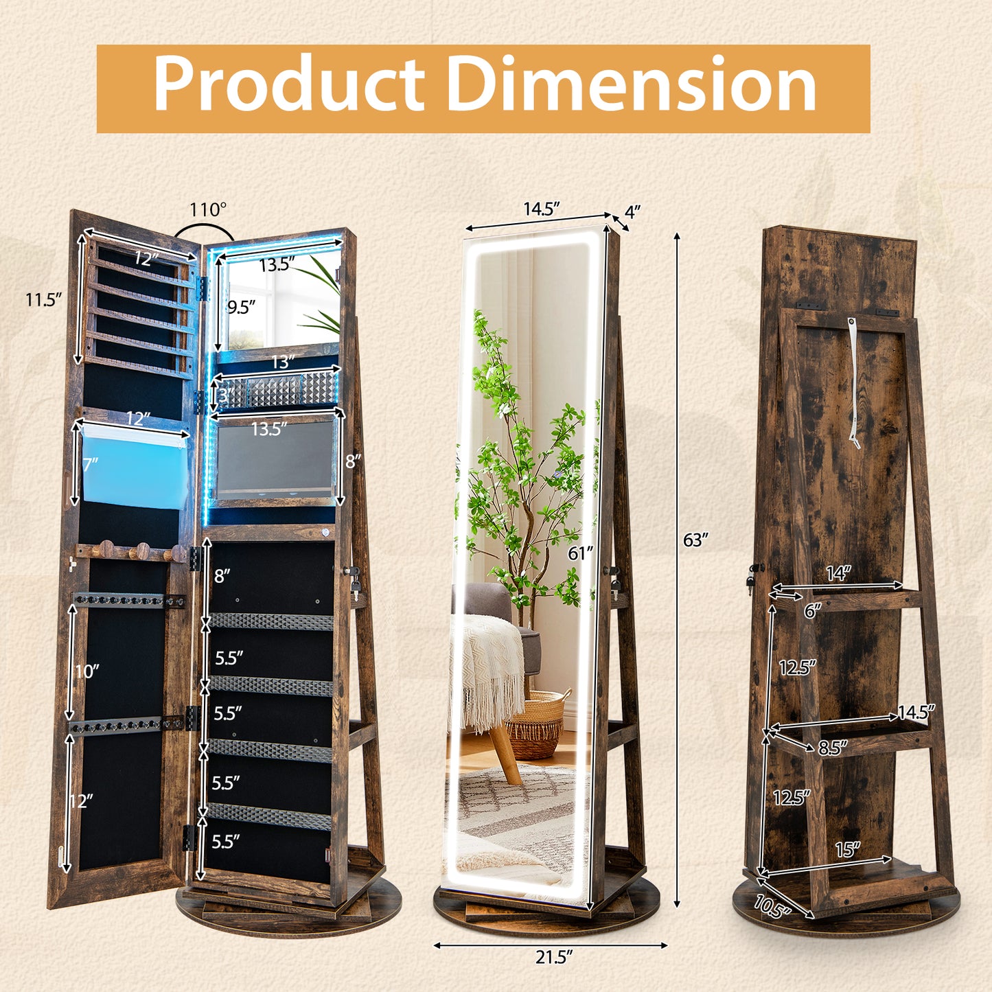 Jewelry Armoire Cabinet with LED Mirror and Rotating Base