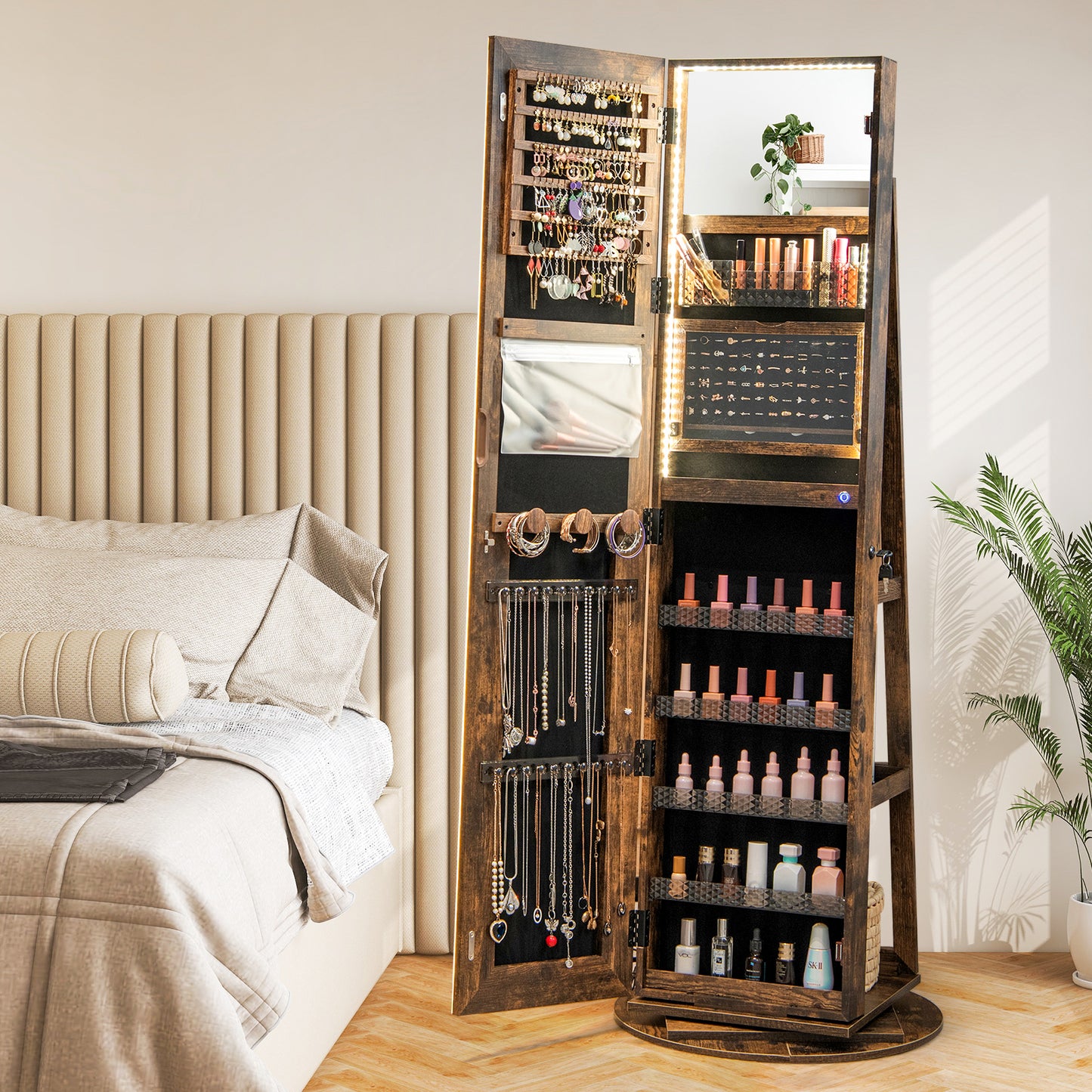 Jewelry Armoire Cabinet with LED Mirror and Rotating Base
