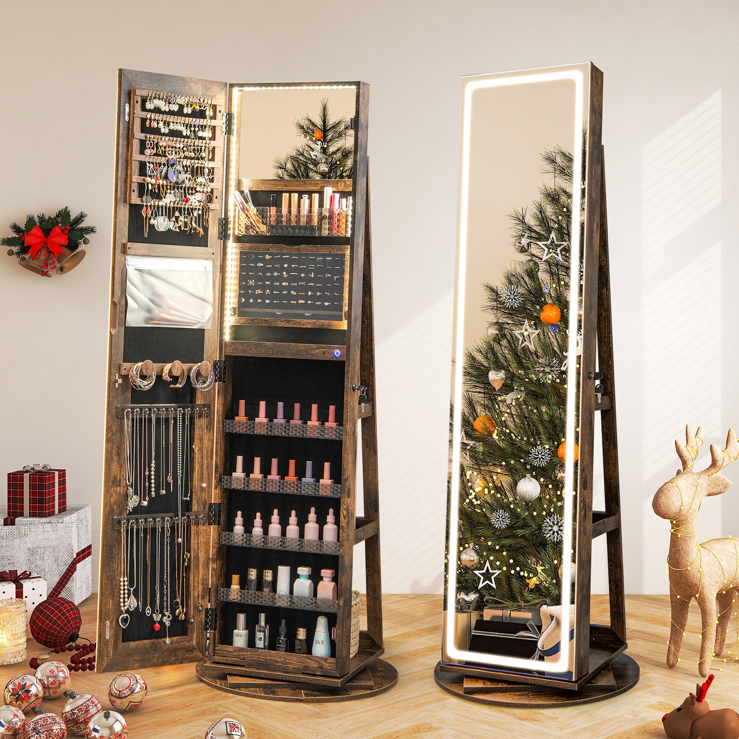 Jewelry Armoire Cabinet with LED Mirror and Rotating Base