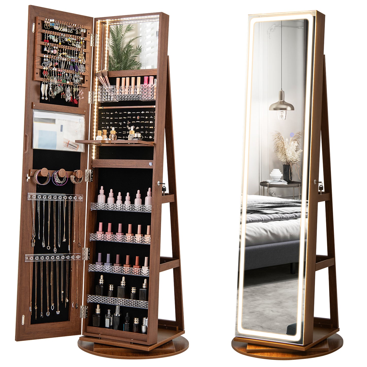 Jewelry Armoire Cabinet with LED Mirror and Rotating Base