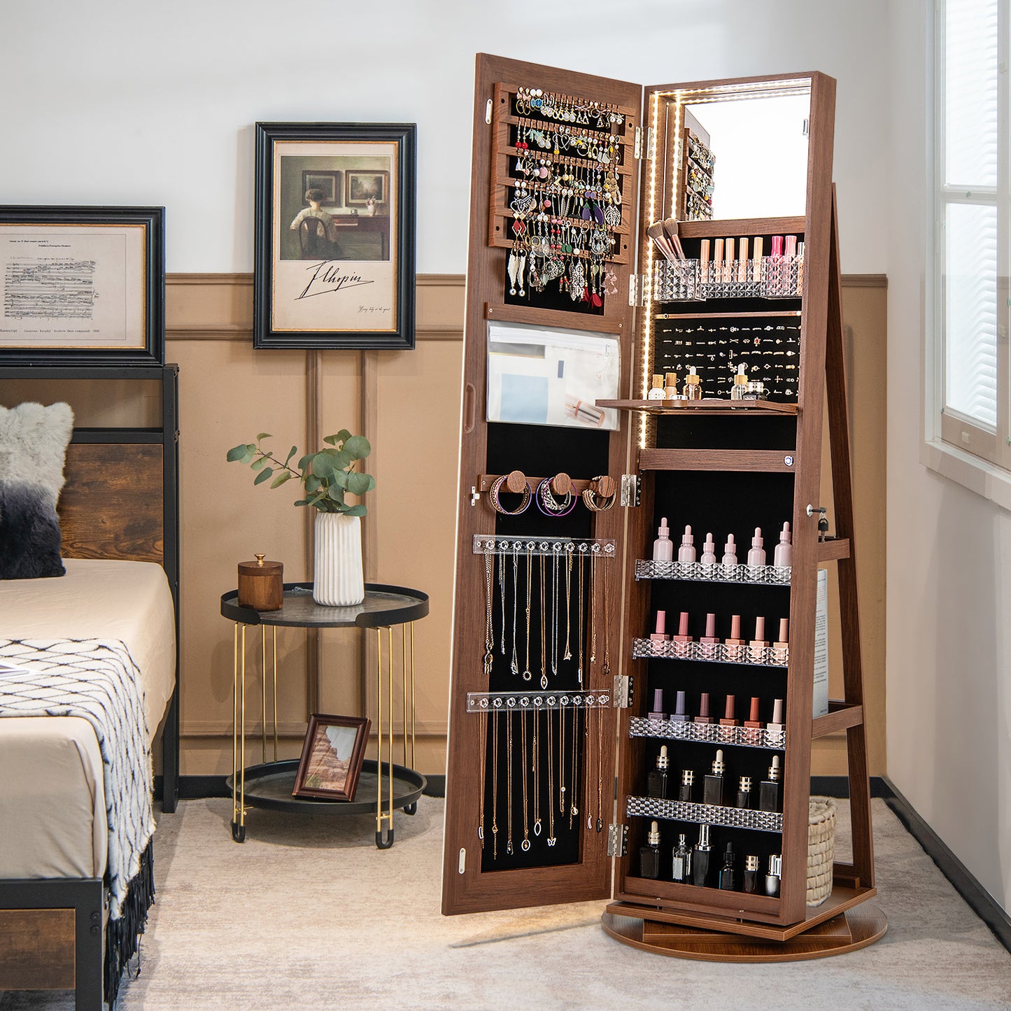 Jewelry Armoire Cabinet with LED Mirror and Rotating Base