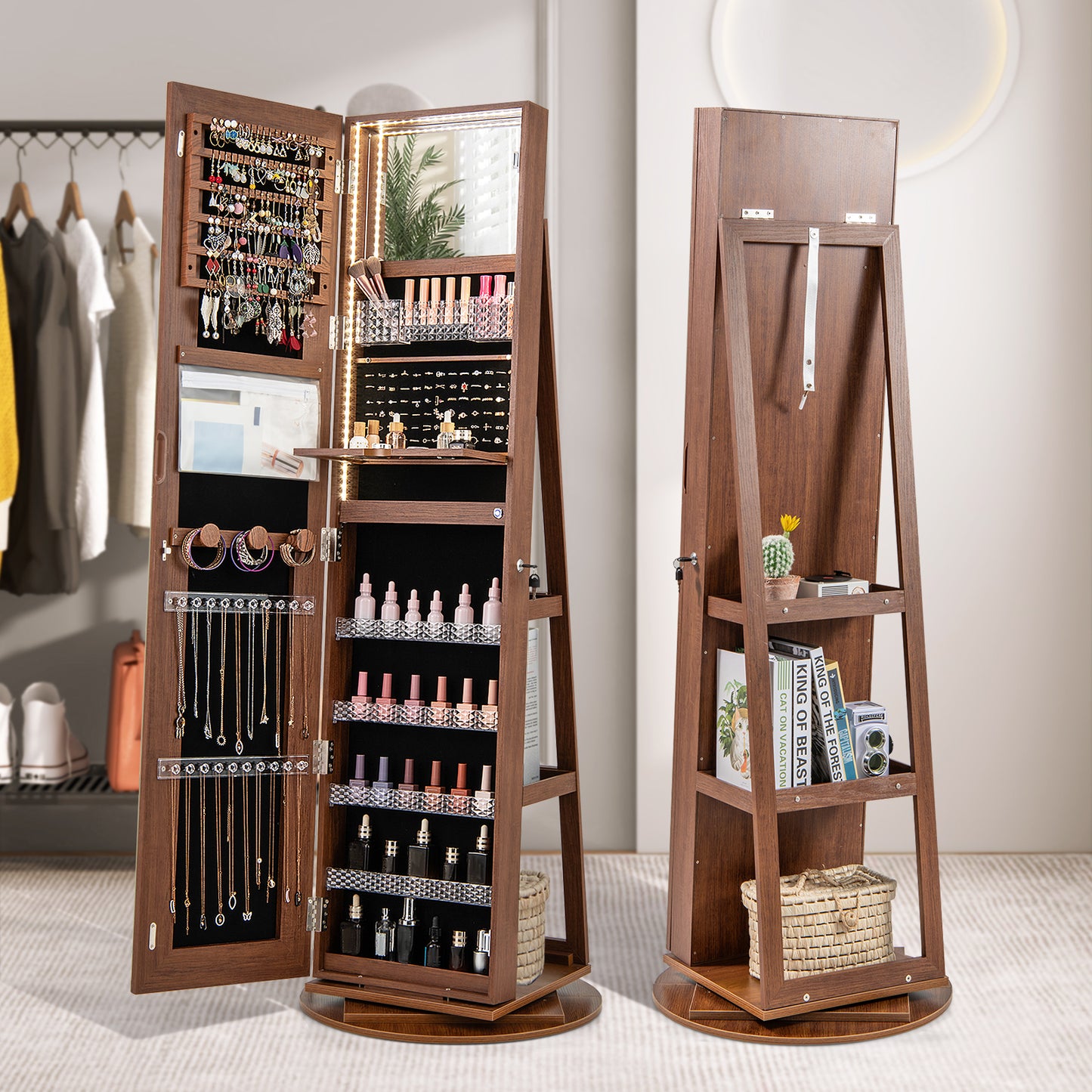 Jewelry Armoire Cabinet with LED Mirror and Rotating Base