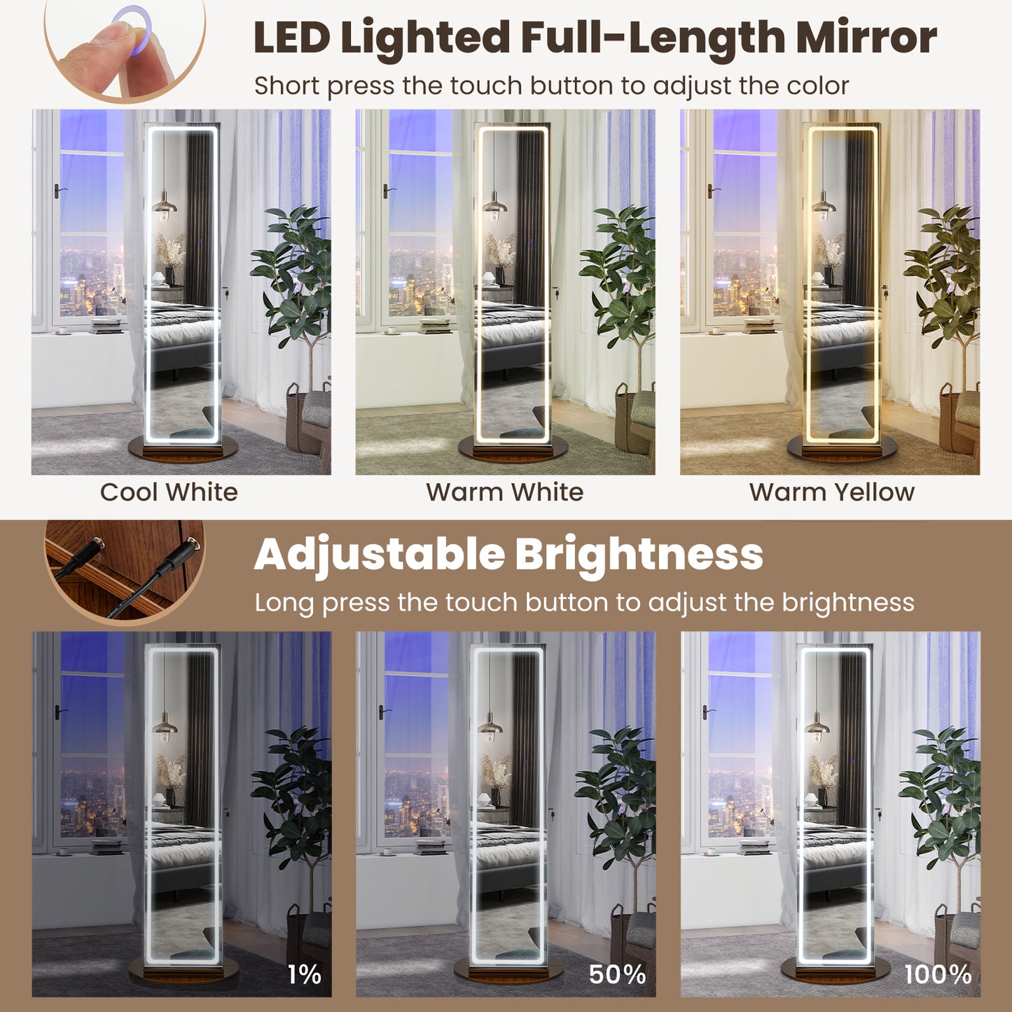 Jewelry Armoire Cabinet with LED Mirror and Rotating Base