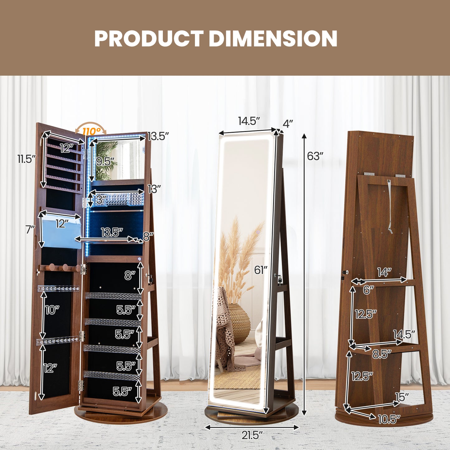 Jewelry Armoire Cabinet with LED Mirror and Rotating Base