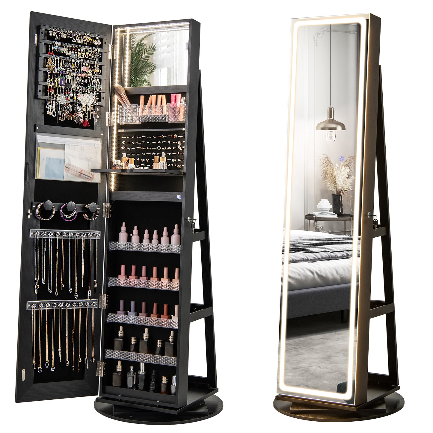 Jewelry Armoire Cabinet with LED Mirror and Rotating Base