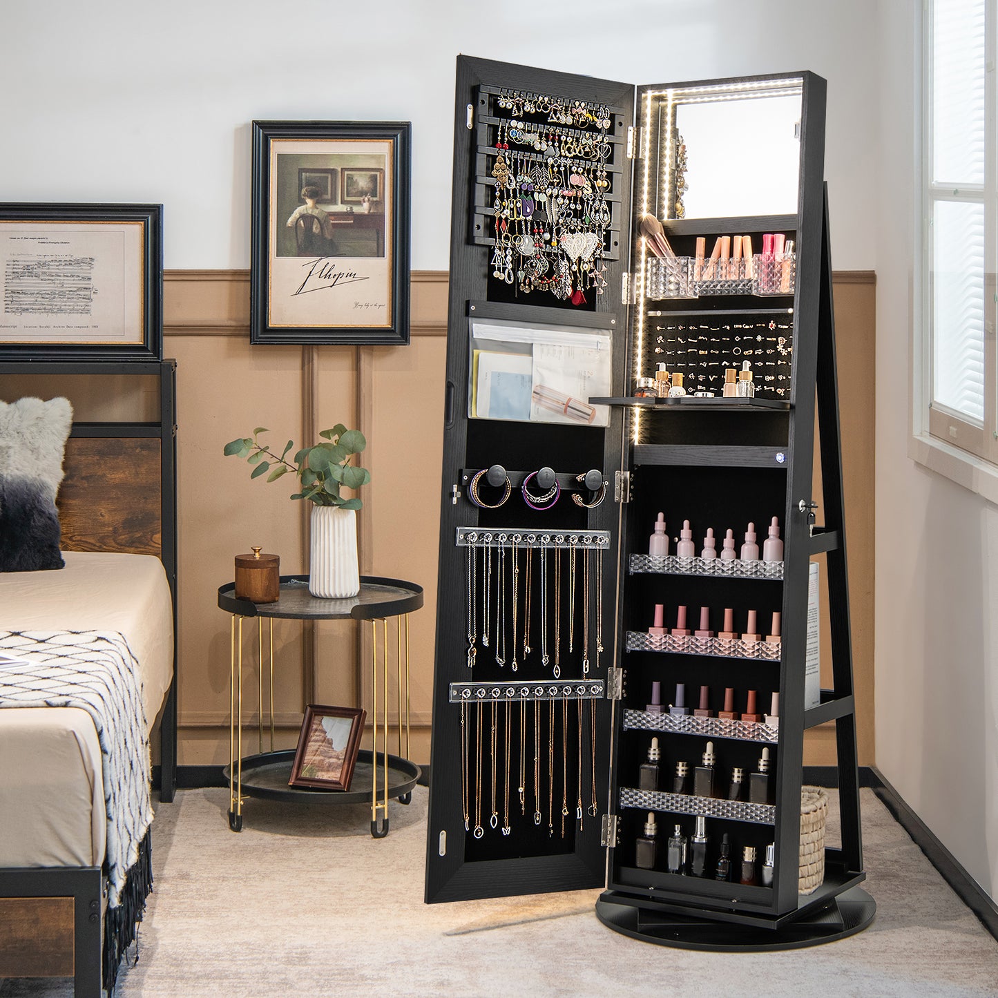 Jewelry Armoire Cabinet with LED Mirror and Rotating Base