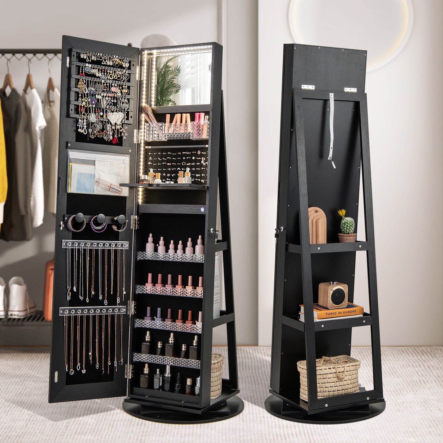 Jewelry Armoire Cabinet with LED Mirror and Rotating Base