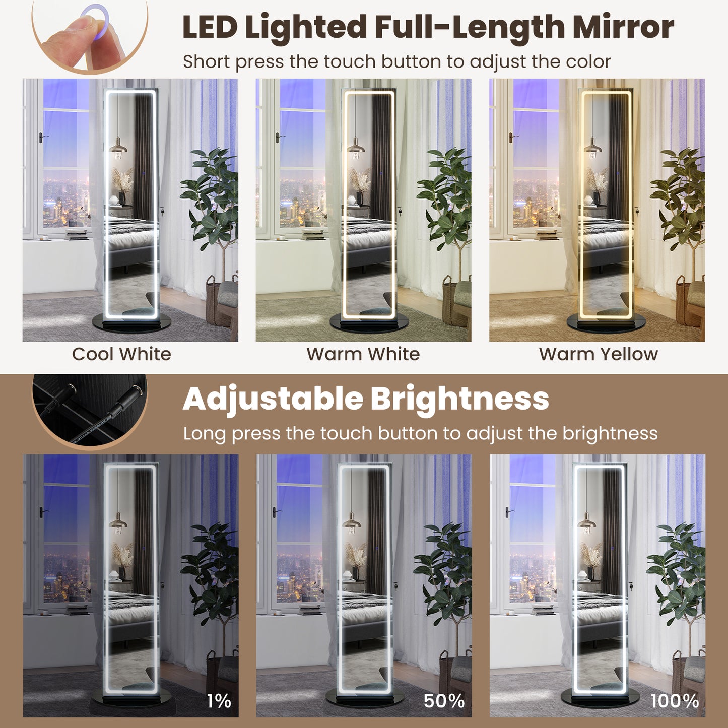 Jewelry Armoire Cabinet with LED Mirror and Rotating Base