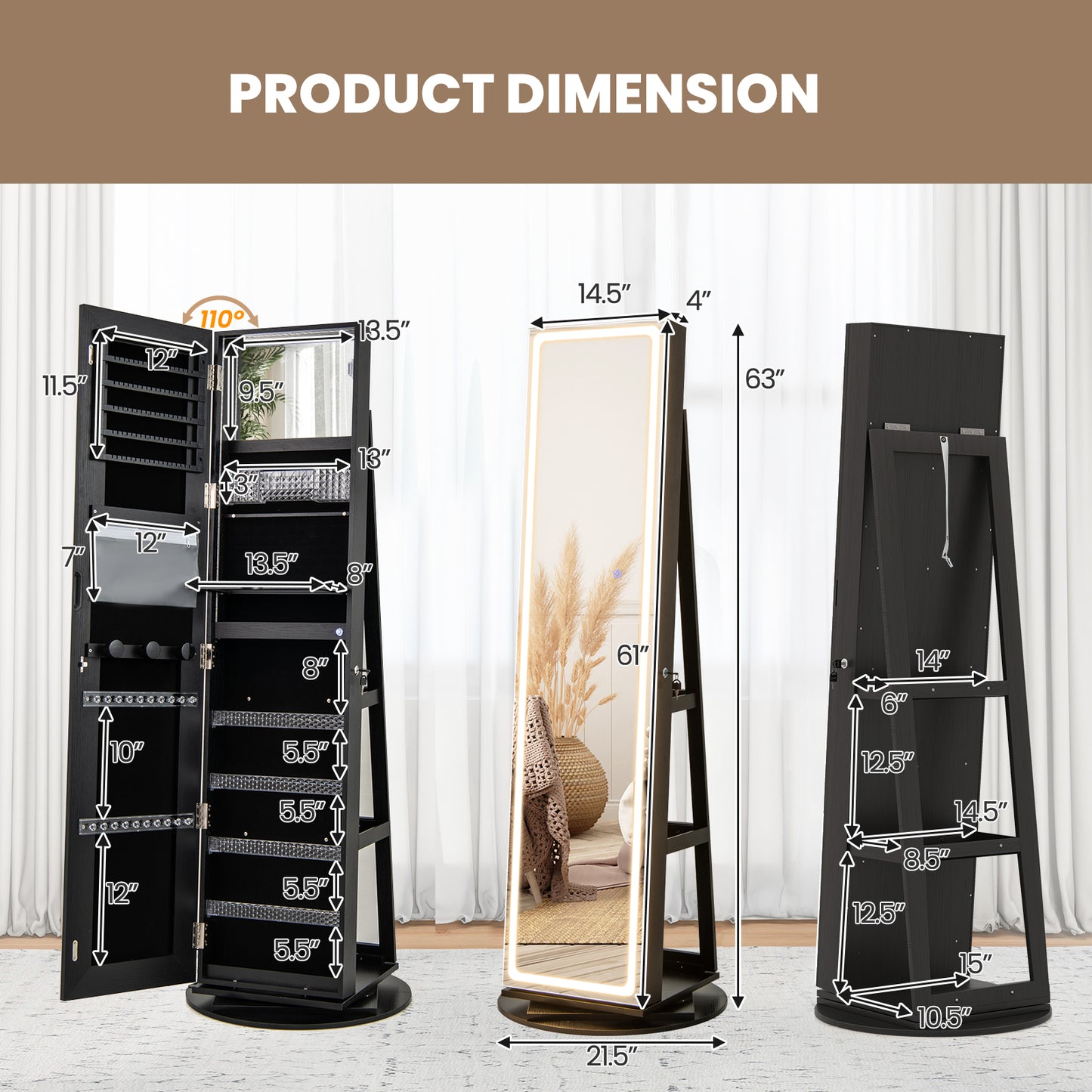 Jewelry Armoire Cabinet with LED Mirror and Rotating Base