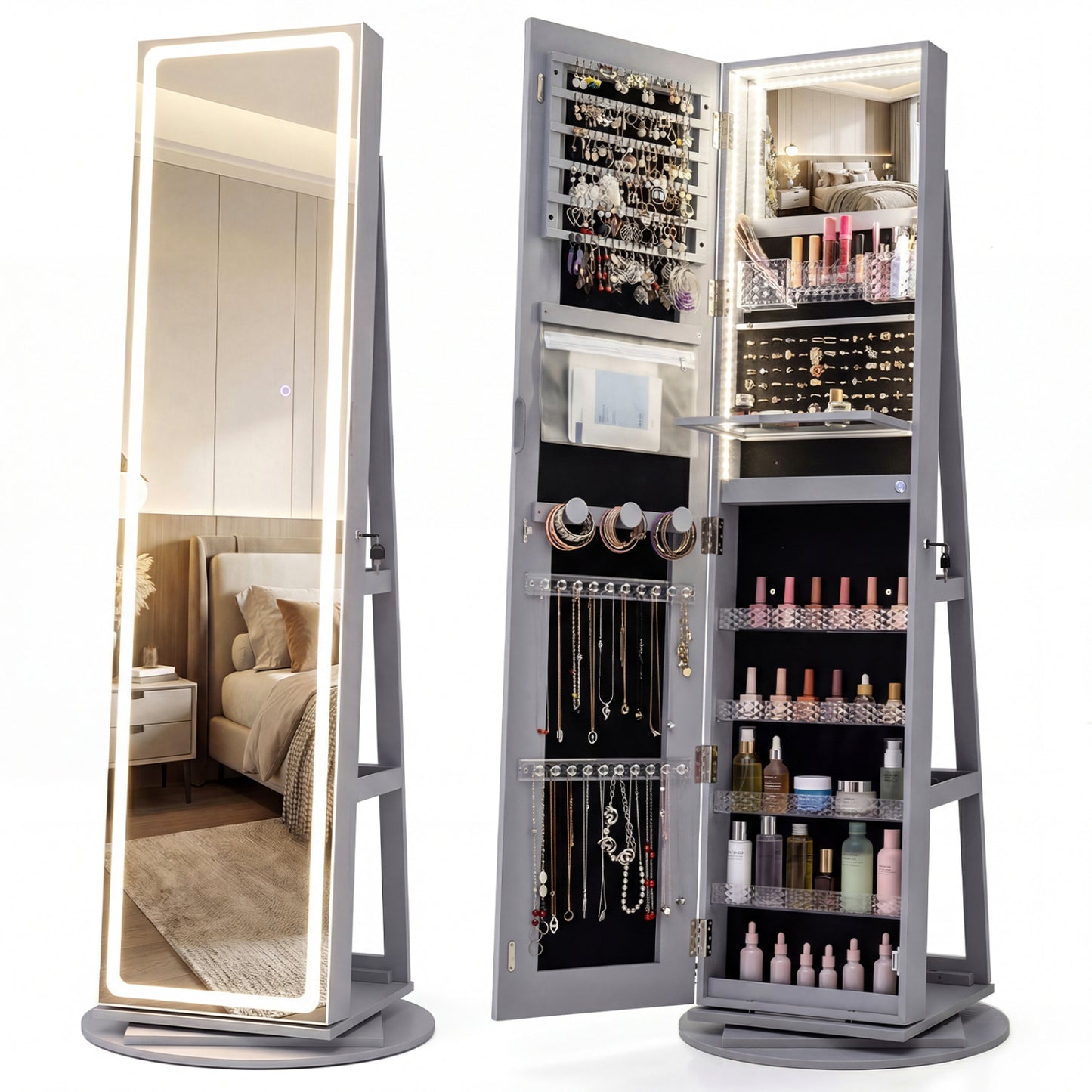 Jewelry Armoire Cabinet with LED Mirror and Rotating Base