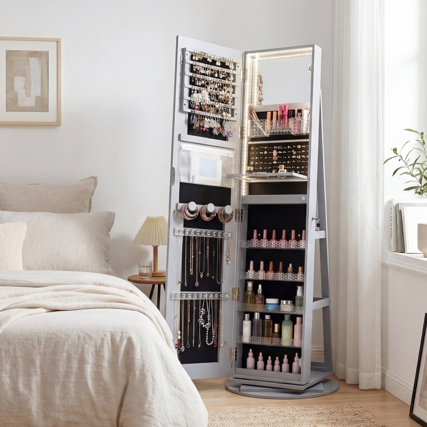 Jewelry Armoire Cabinet with LED Mirror and Rotating Base