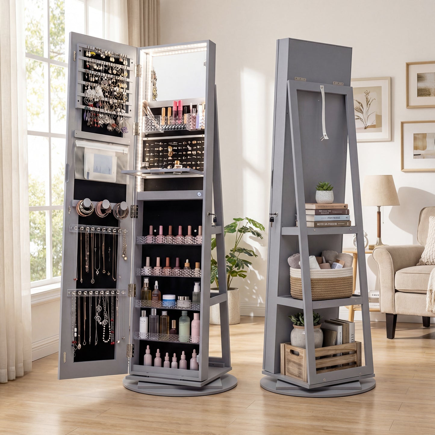 Jewelry Armoire Cabinet with LED Mirror and Rotating Base