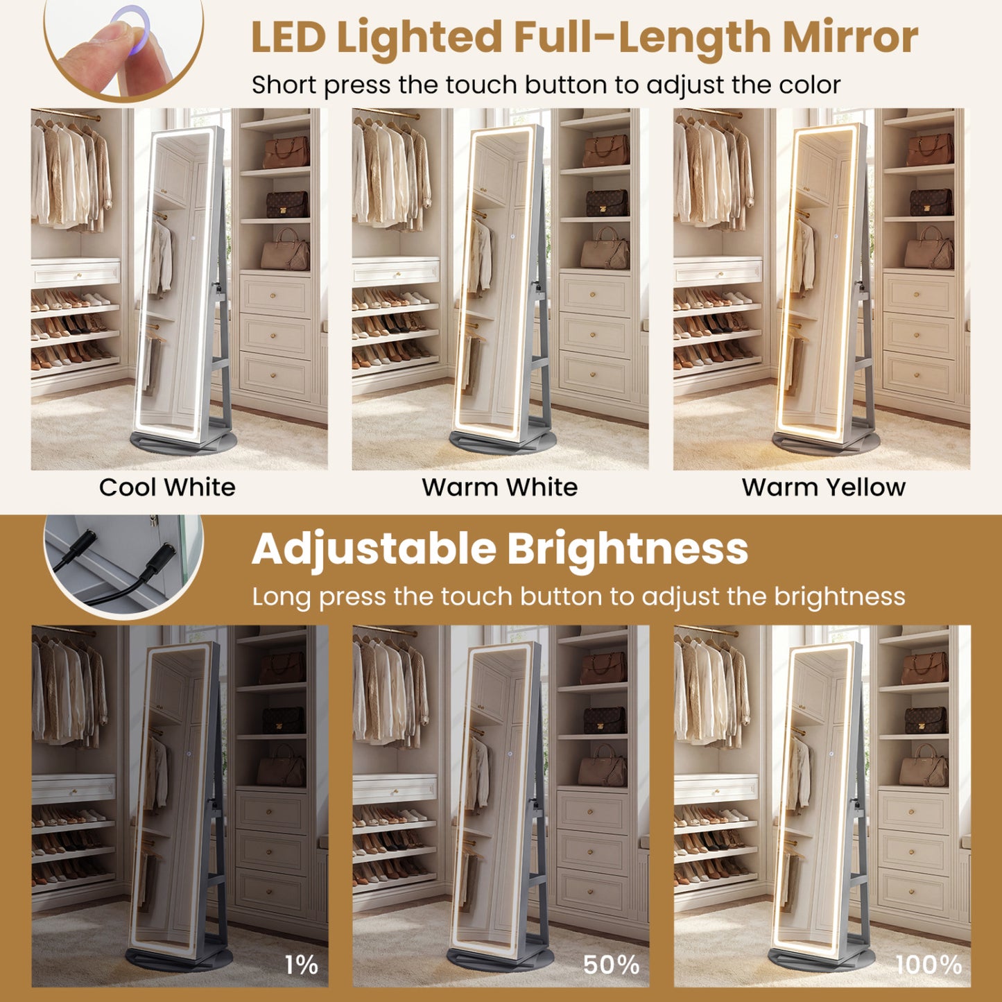 Jewelry Armoire Cabinet with LED Mirror and Rotating Base