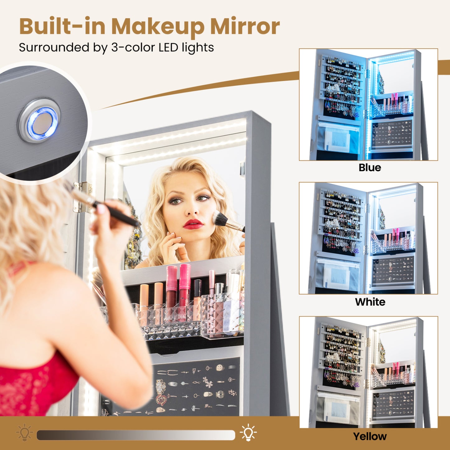 Jewelry Armoire Cabinet with LED Mirror and Rotating Base