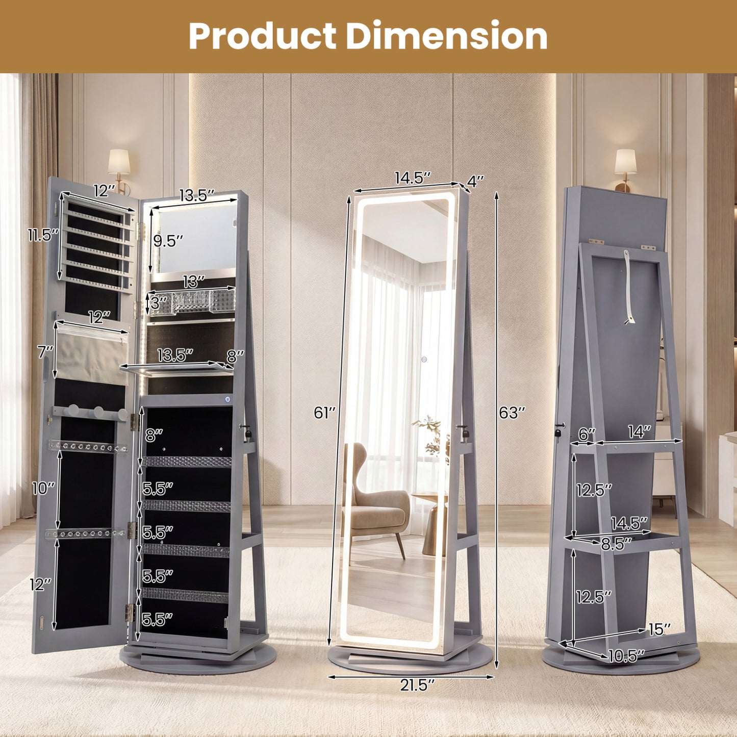 Jewelry Armoire Cabinet with LED Mirror and Rotating Base