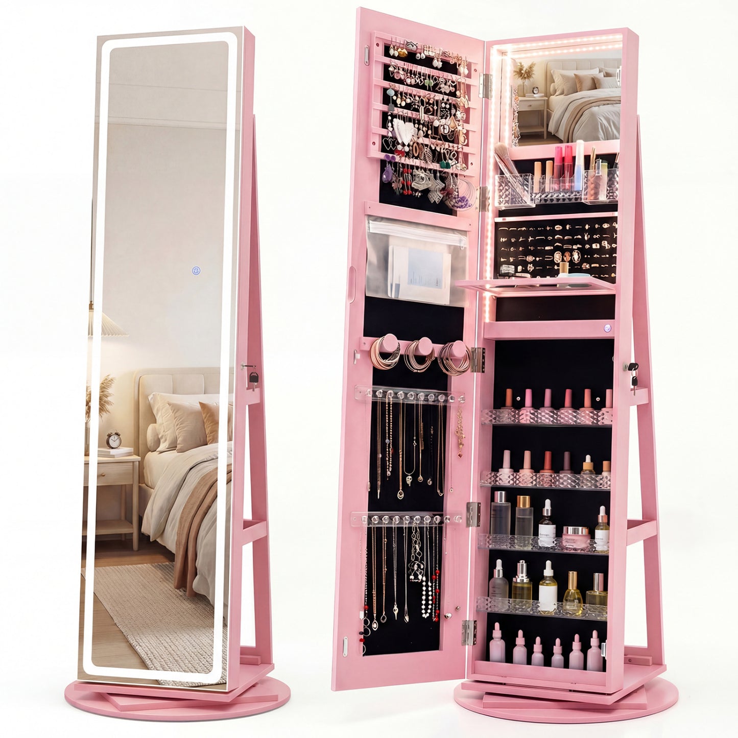 Jewelry Armoire Cabinet with LED Mirror and Rotating Base
