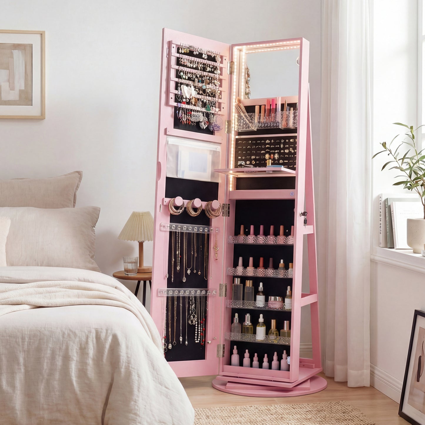 Jewelry Armoire Cabinet with LED Mirror and Rotating Base