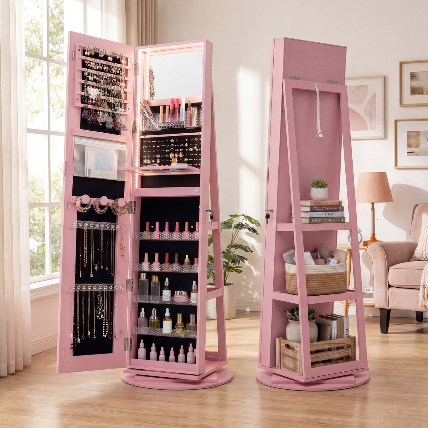 Jewelry Armoire Cabinet with LED Mirror and Rotating Base