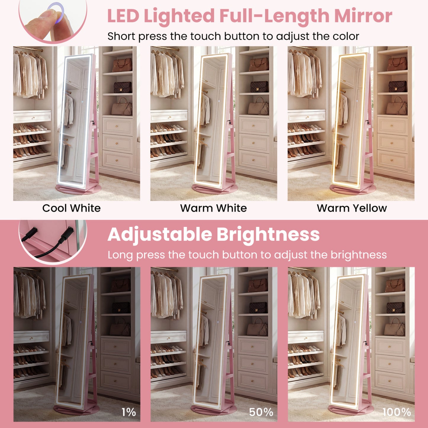 Jewelry Armoire Cabinet with LED Mirror and Rotating Base