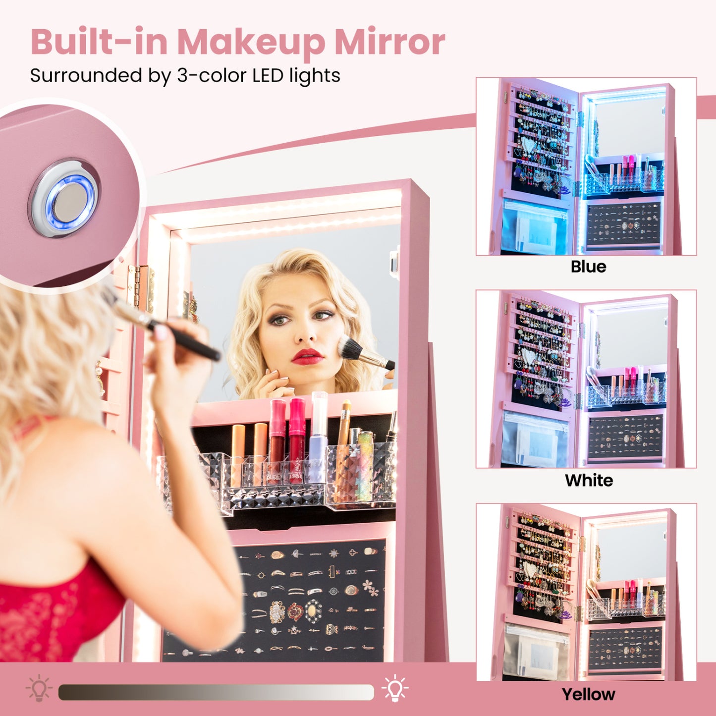 Jewelry Armoire Cabinet with LED Mirror and Rotating Base