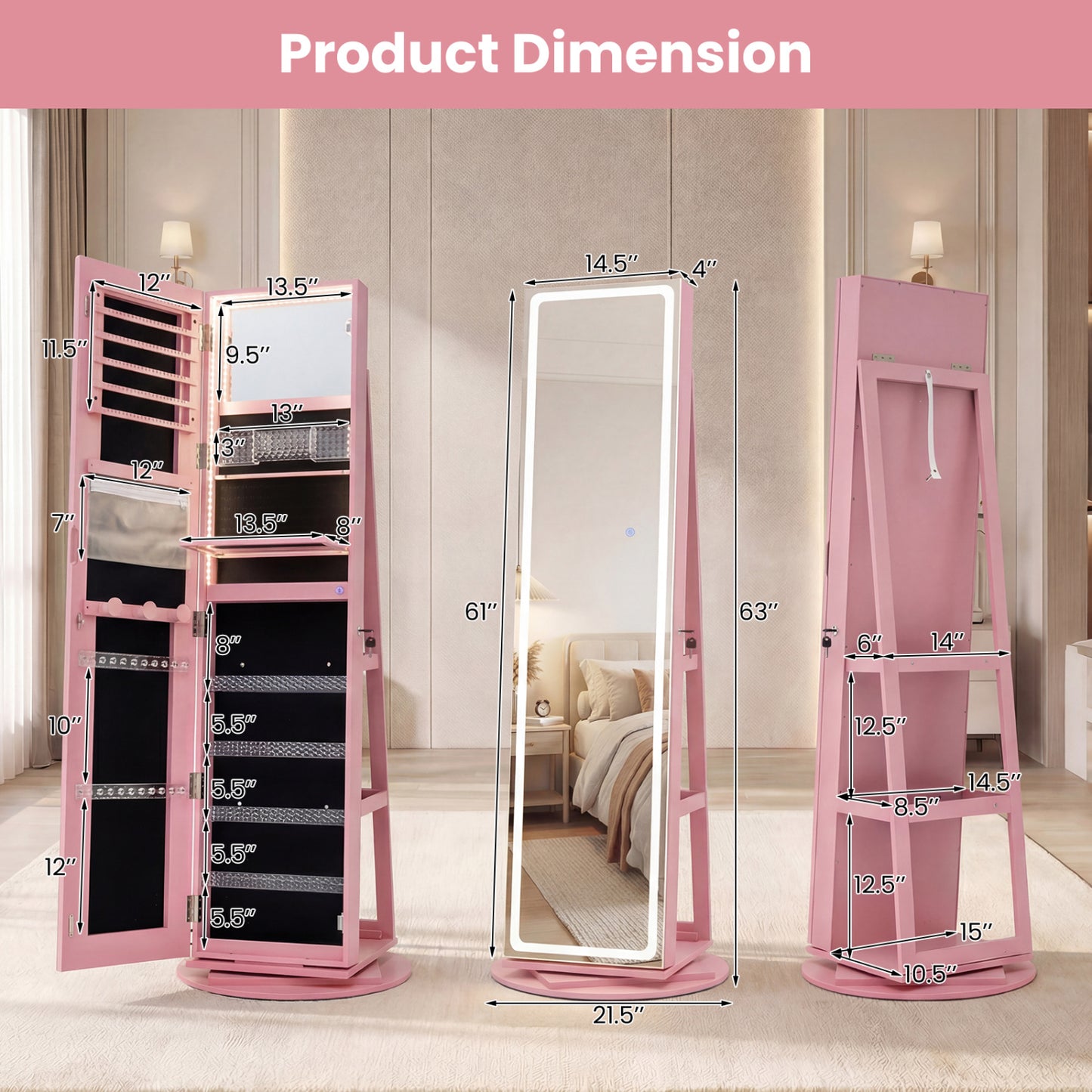 Jewelry Armoire Cabinet with LED Mirror and Rotating Base