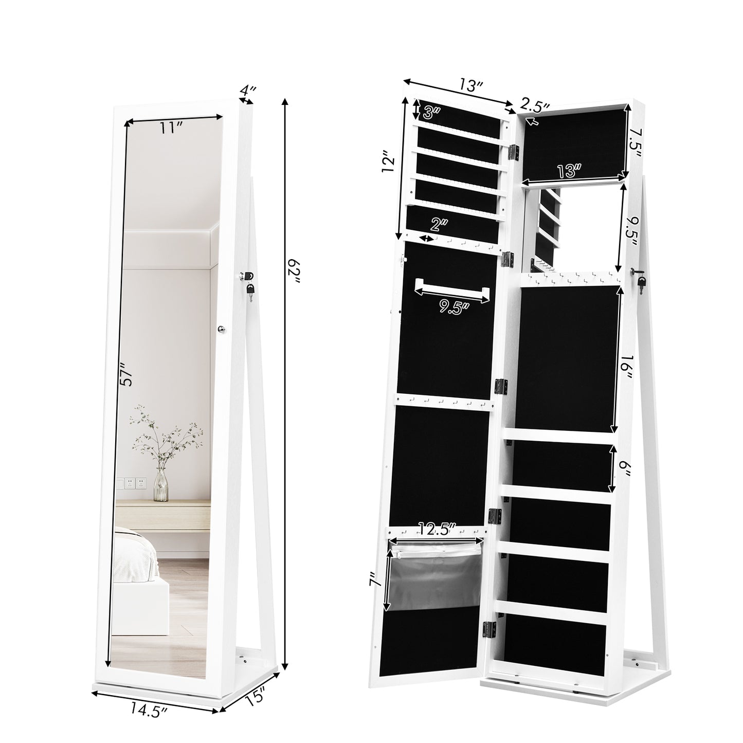 Jewelry Armoire with Full-Length Mirror and Lock