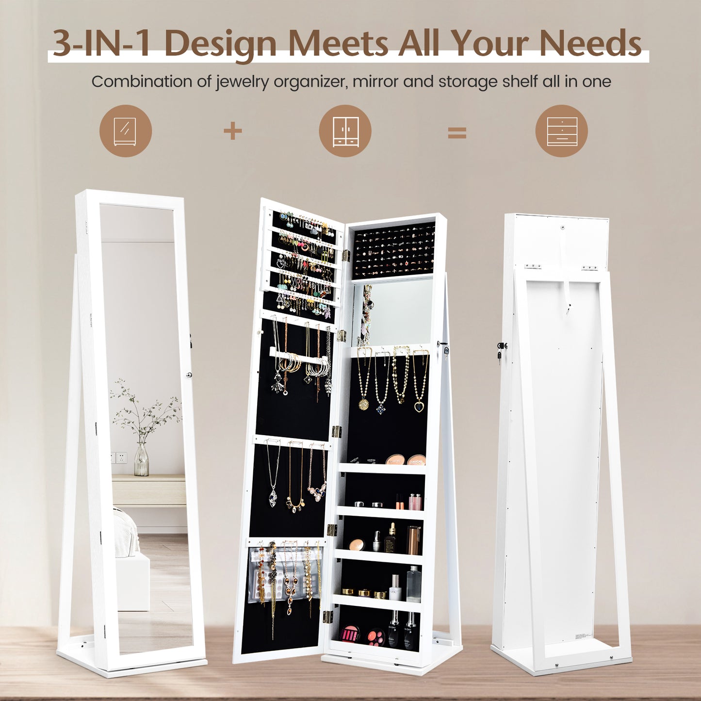 Jewelry Armoire with Full-Length Mirror and Lock