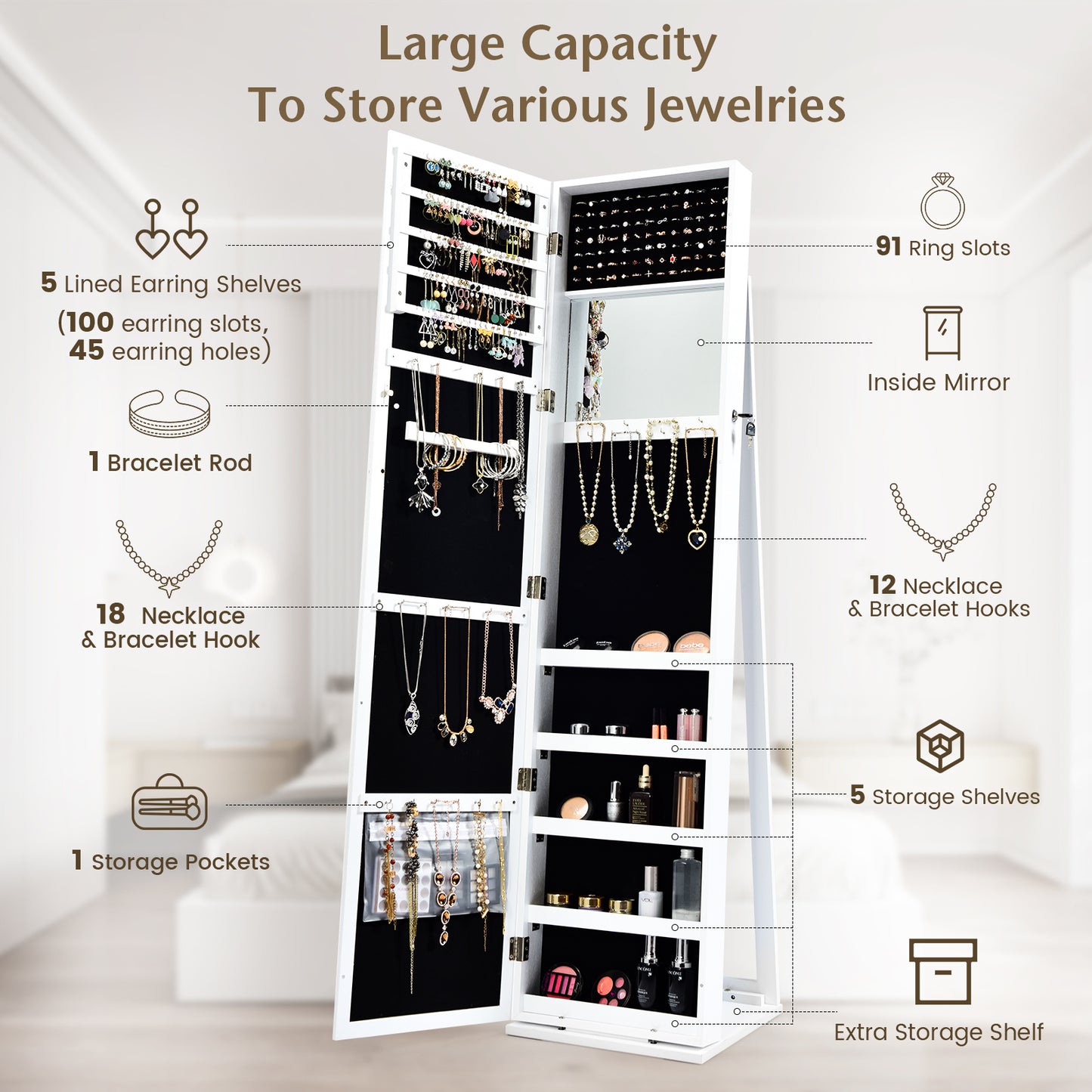 Jewelry Armoire with Full-Length Mirror and Lock