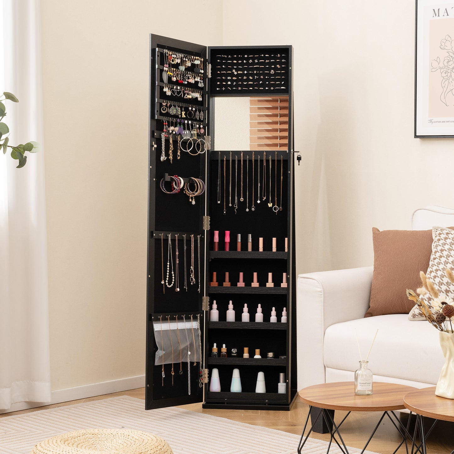 Jewelry Armoire with Full-Length Mirror and Lock