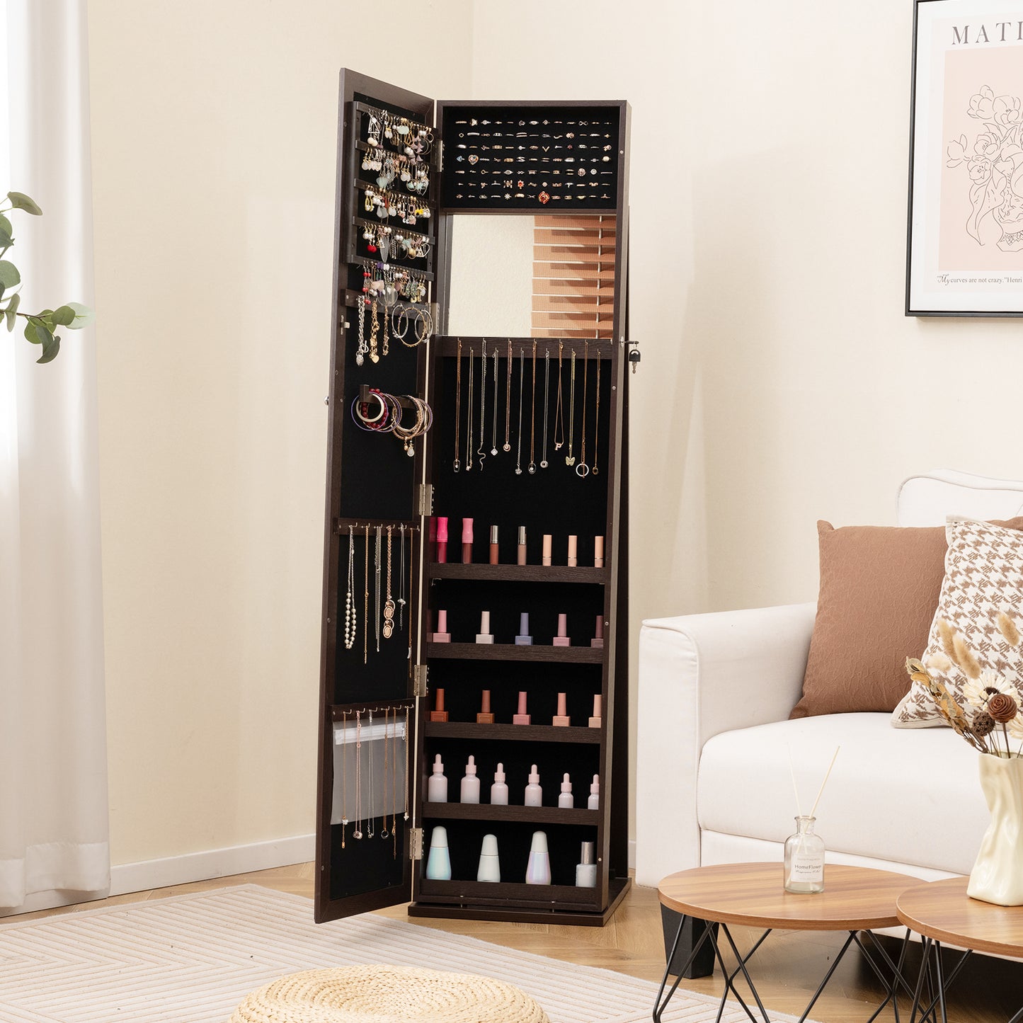 Jewelry Armoire with Full-Length Mirror and Lock