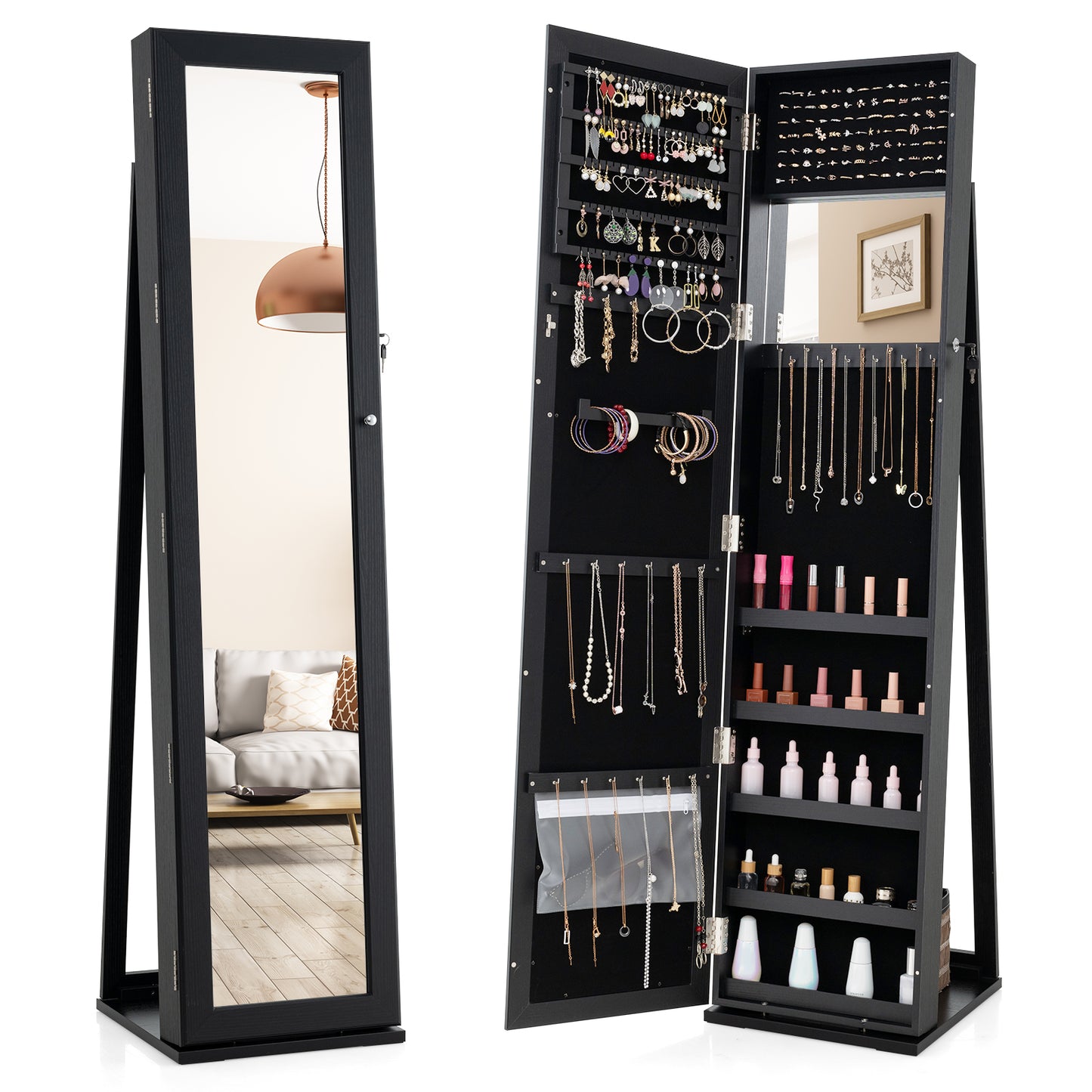 Jewelry Armoire with Full-Length Mirror and Lock