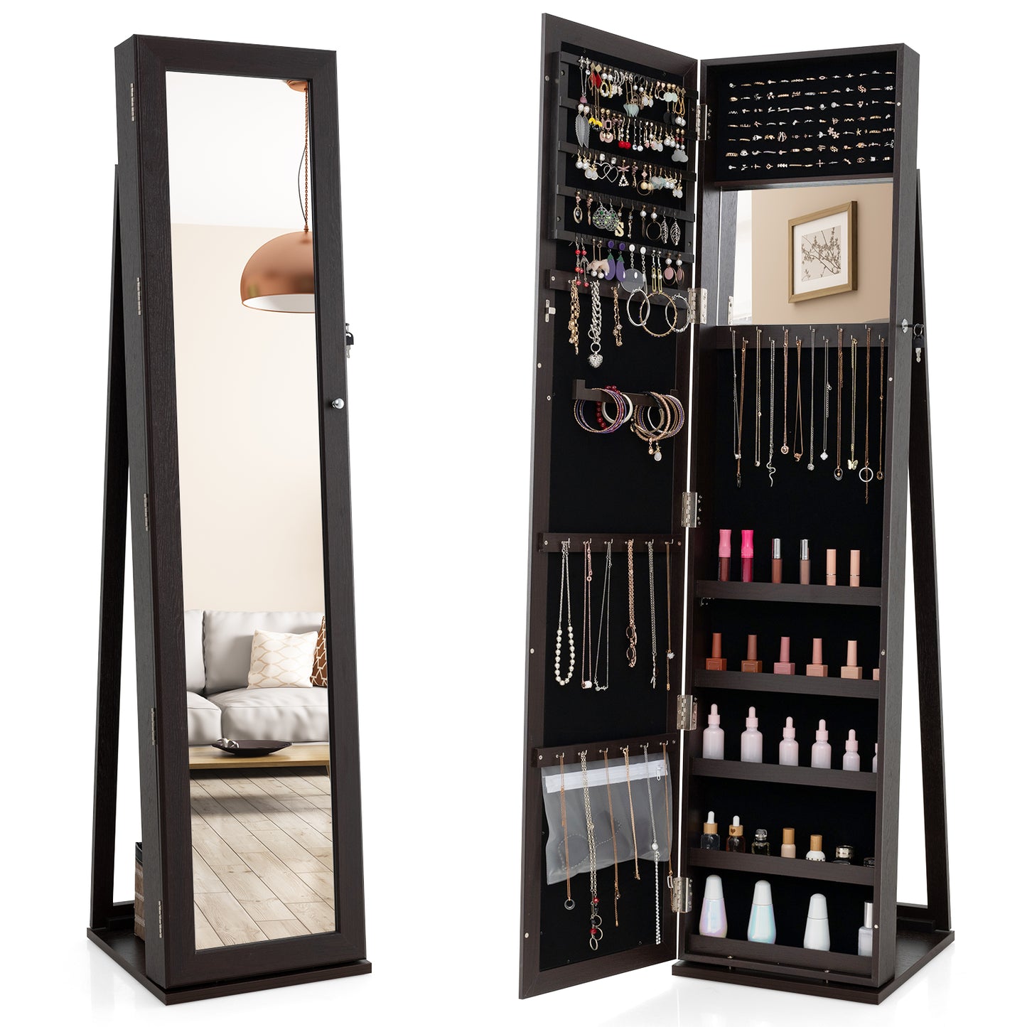 Jewelry Armoire with Full-Length Mirror and Lock