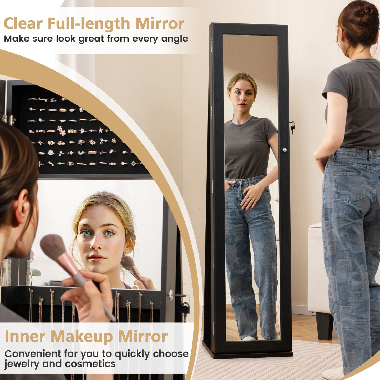 Jewelry Armoire with Full-Length Mirror and Lock