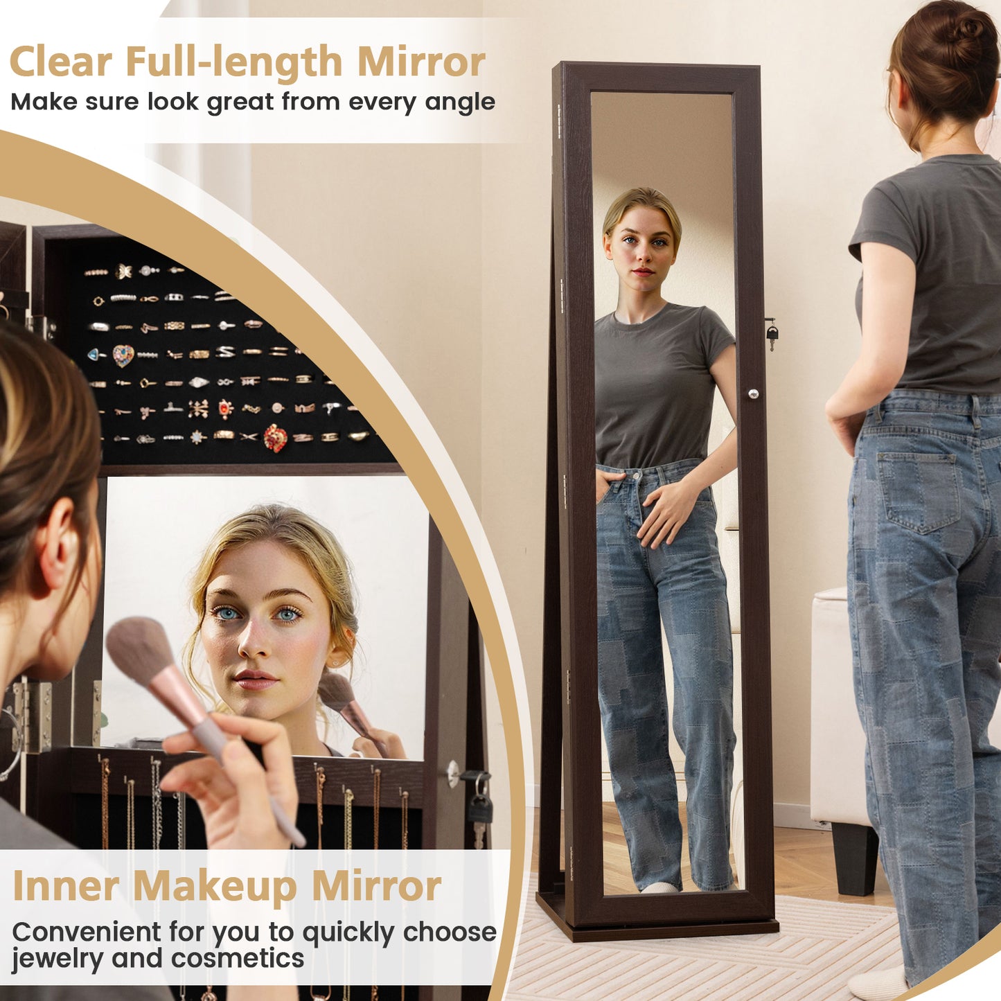 Jewelry Armoire with Full-Length Mirror and Lock