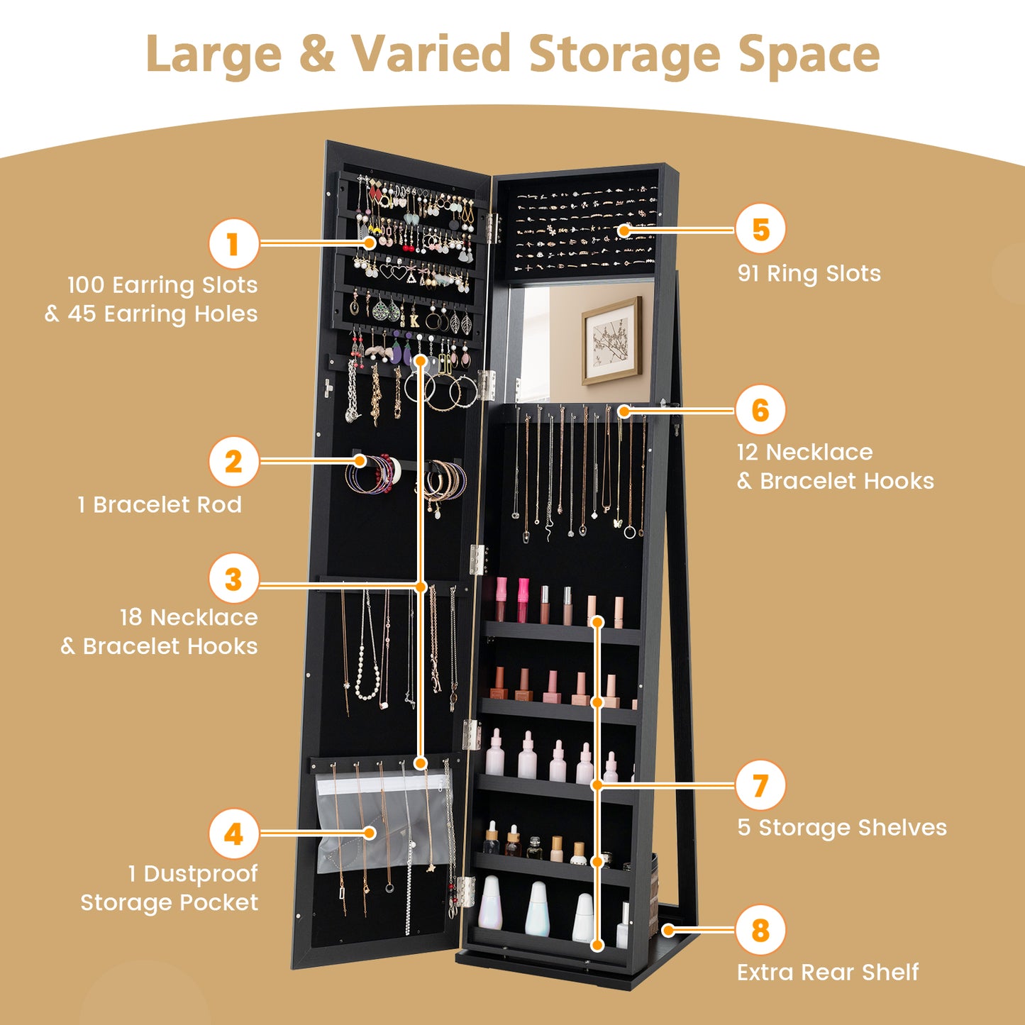 Jewelry Armoire with Full-Length Mirror and Lock